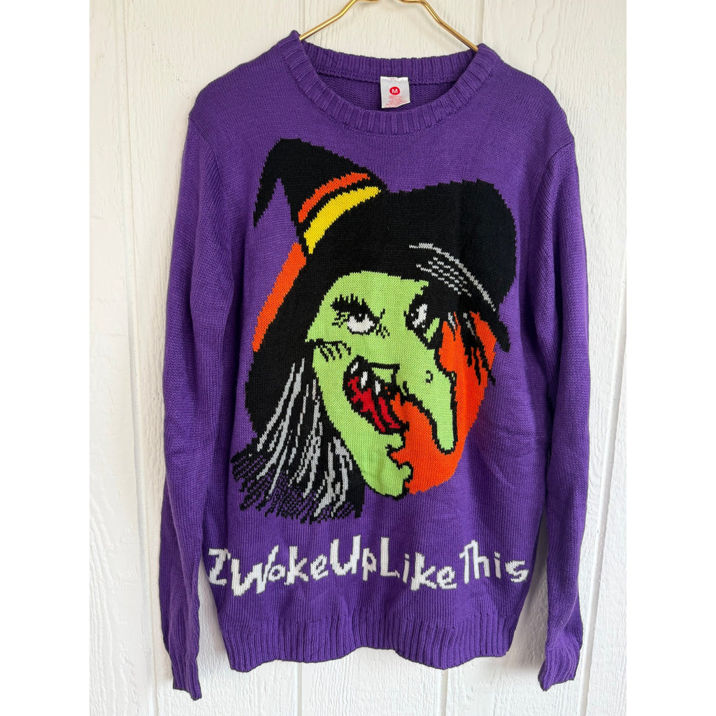 Y2K Halloween Witch Sweater Purple Graphic “I Woke Up Like This” Size Medium