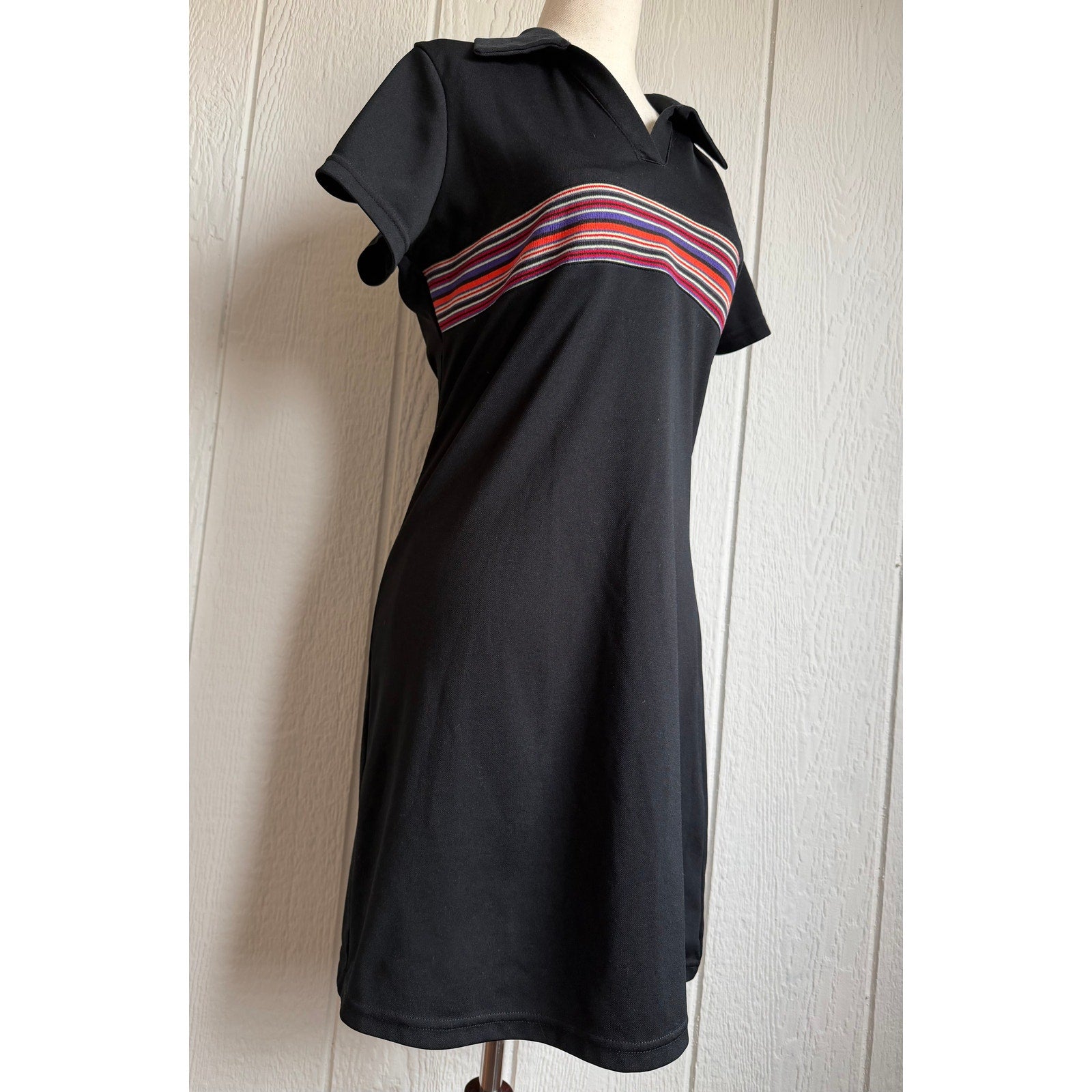 Vintage Express Tricot Stripe Polo Dress Black Retro Knit Mini Dress M Y2K