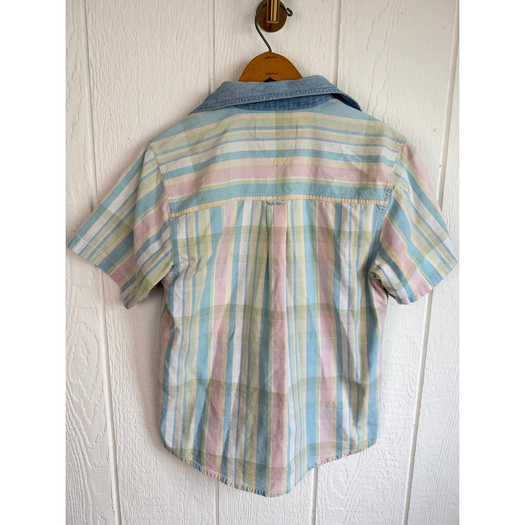 Vintage Erika Pastel Plaid Shirt Denim Collar Western 90s Cotton Button Up