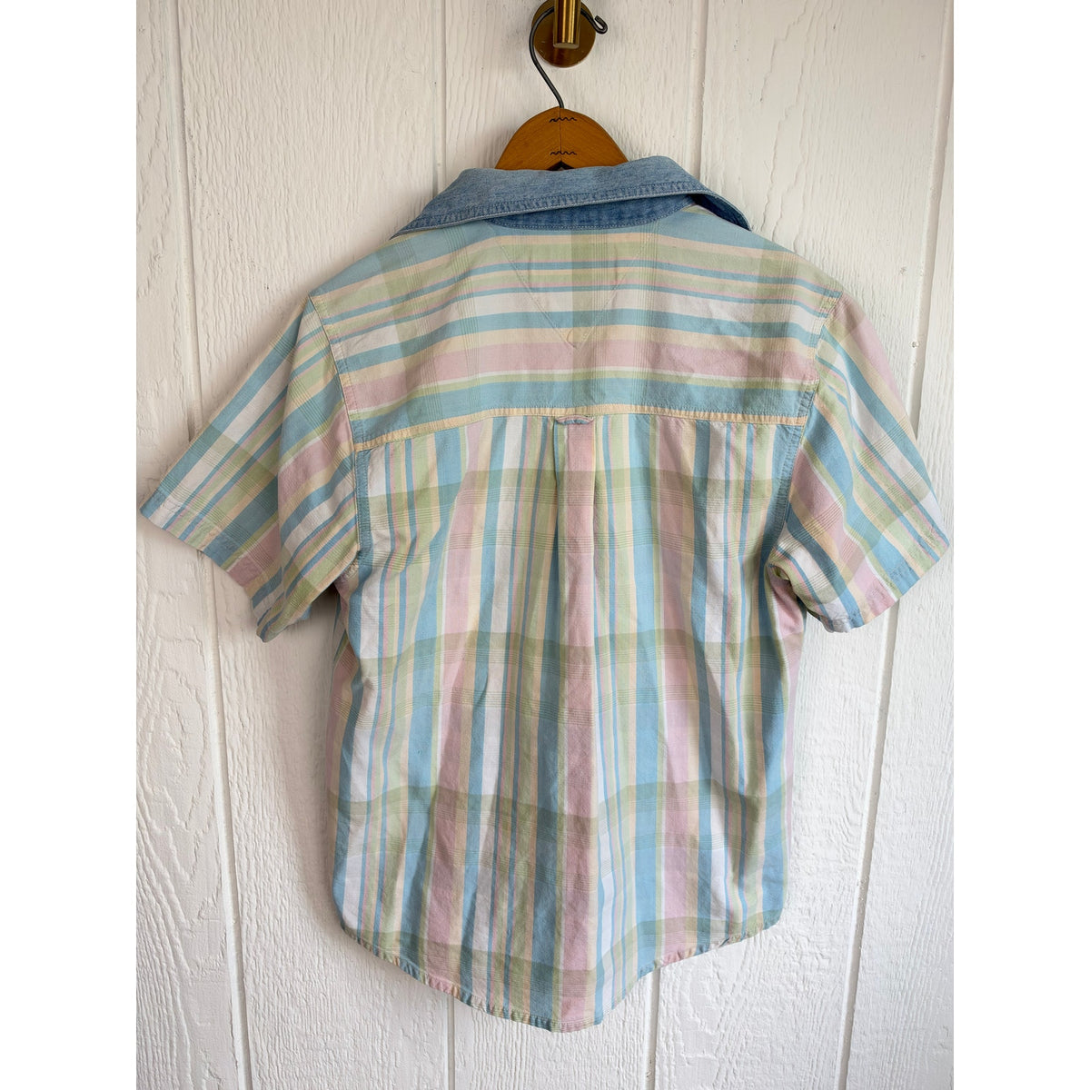Vintage Erika Pastel Plaid Shirt Denim Collar Western 90s Cotton Button Up