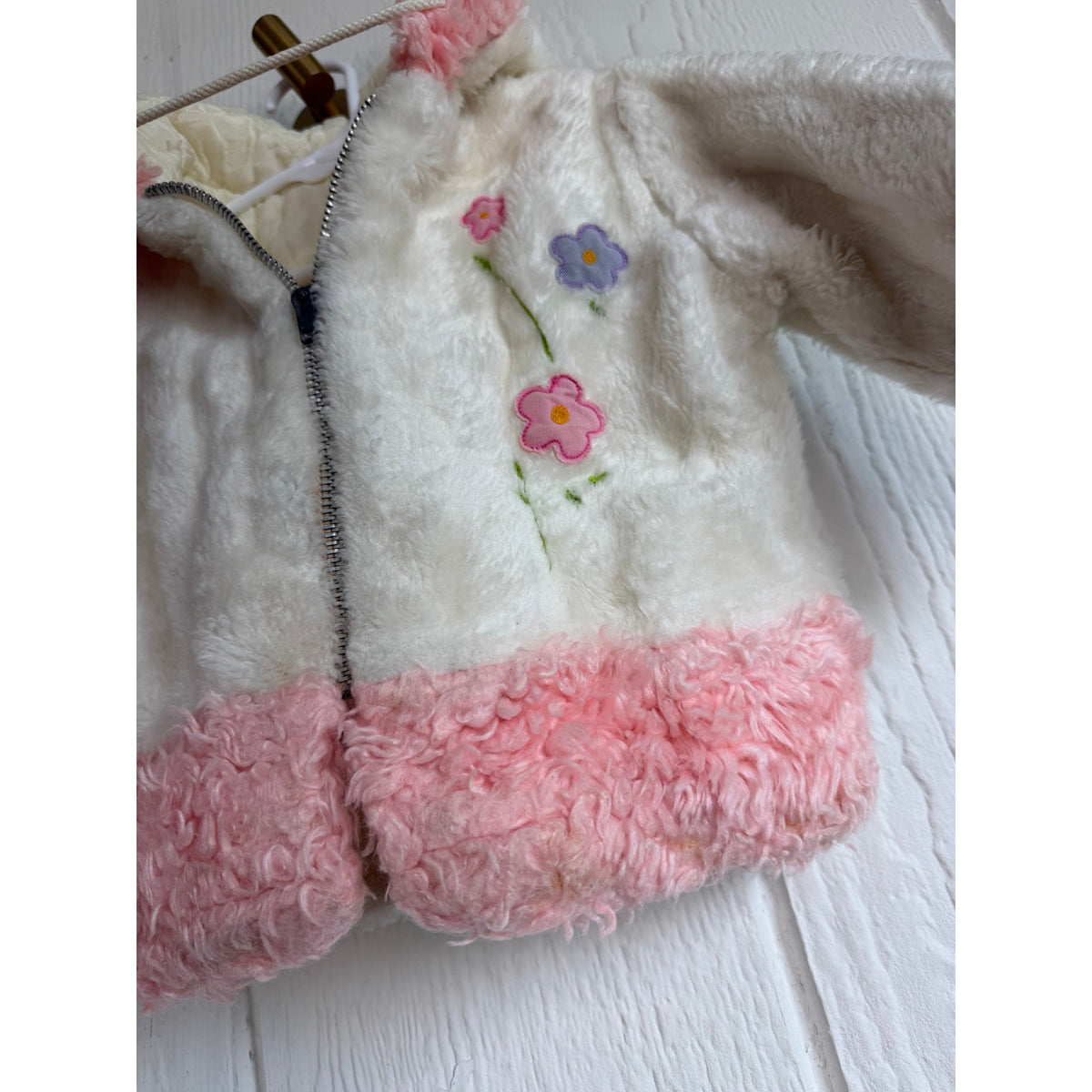 Y2K Girls Faux Fur Hooded Jacket Pink White Floral Fairycore Coat