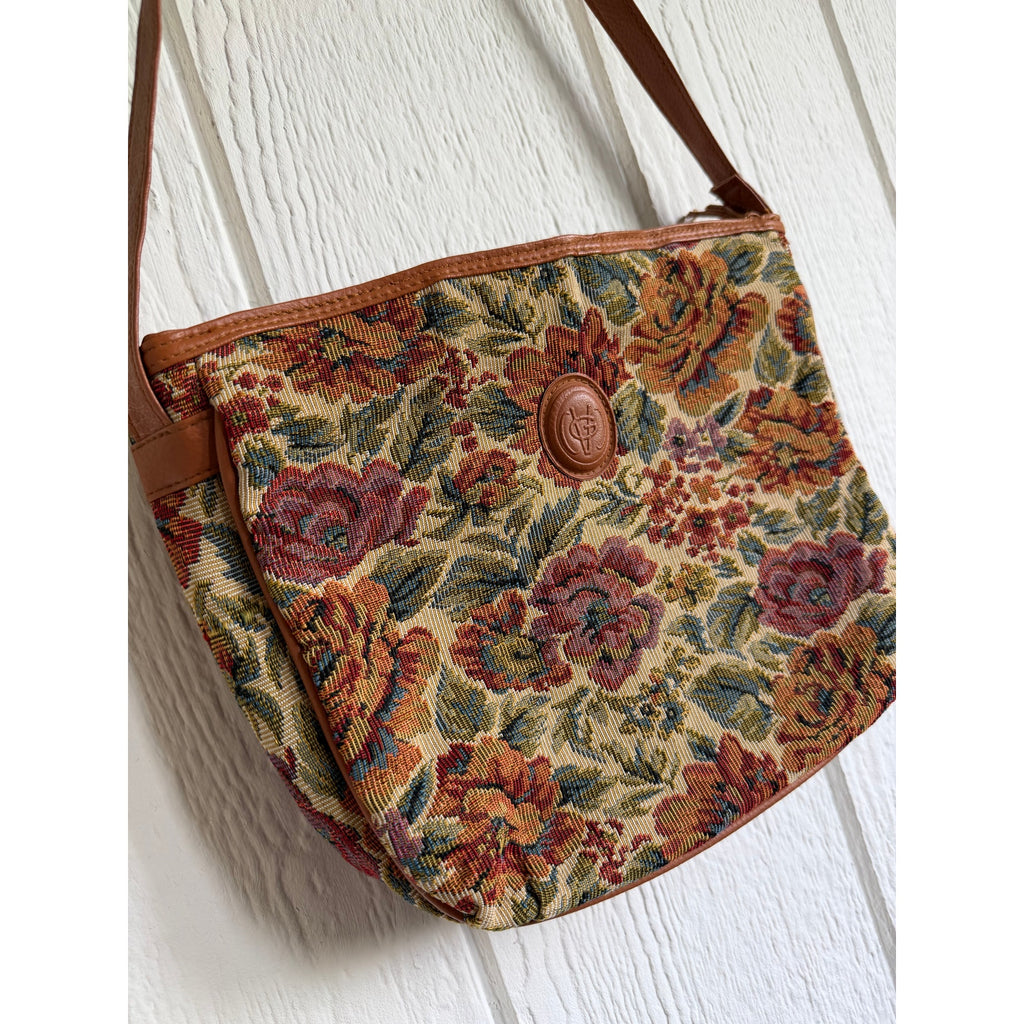 Vintage Floral Tapestry Crossbody Bag Leather Trim Boho Cottagecore Shoulder