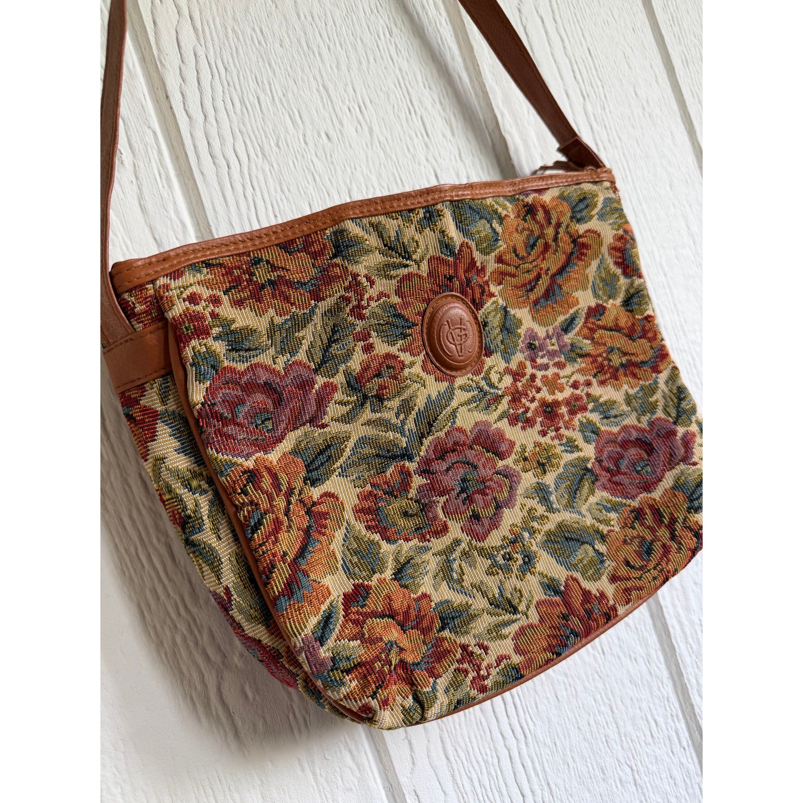 Vintage Floral Tapestry Crossbody Bag Leather Trim Boho Cottagecore Shoulder