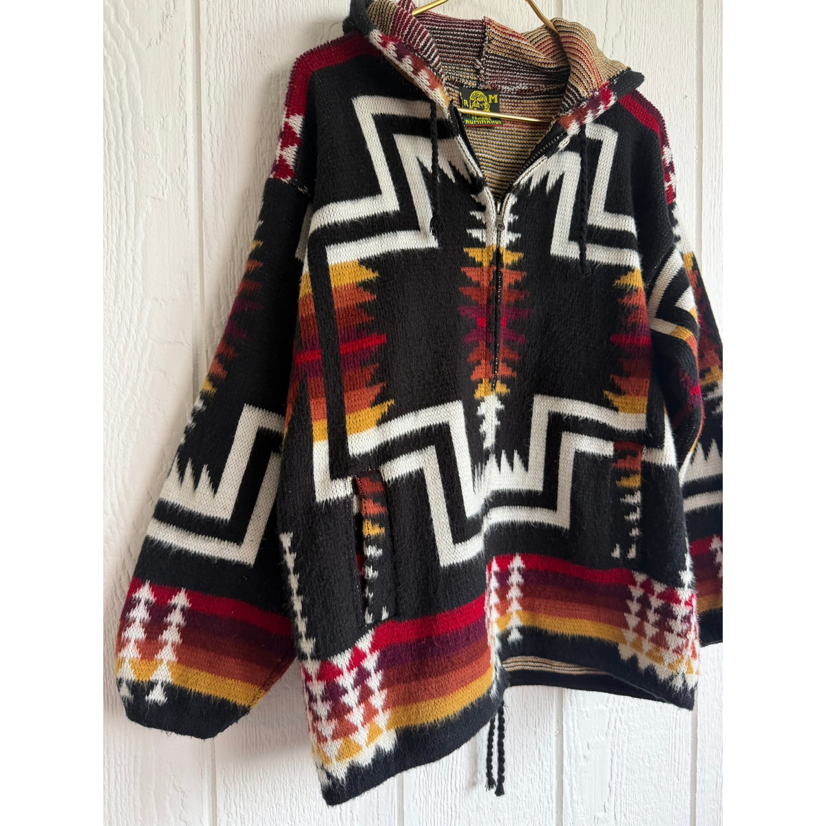 Vintage Ruminahui Ecuador Wool Hooded Sweater Jacket Medium Southwestern Aztec