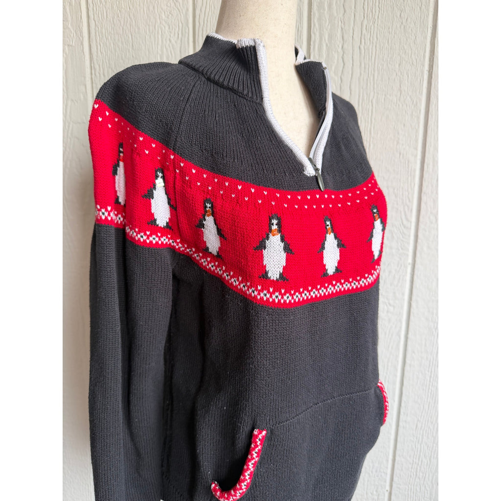 Vintage Hand Embroidered Penguin Sweater Women’s Medium Red Black 1/4 Zip