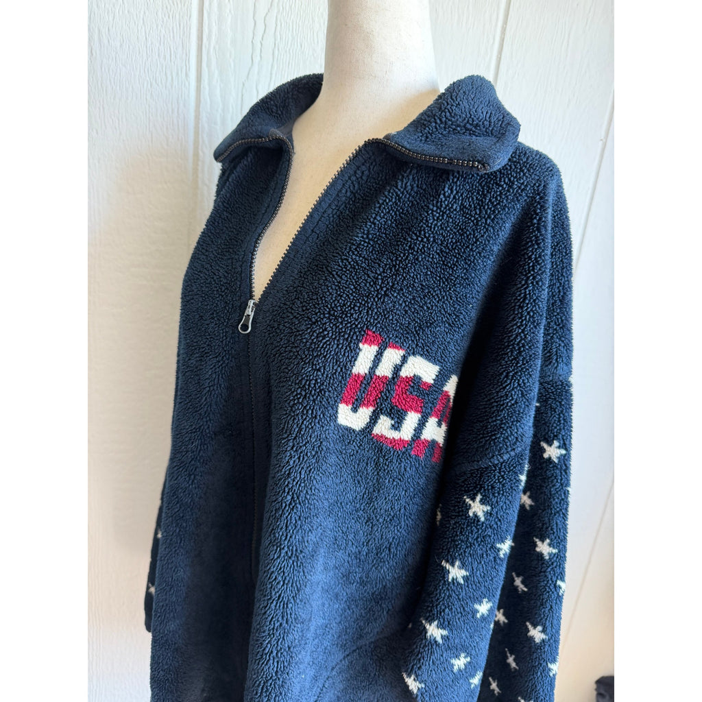 Vintage USA American Flag Sherpa Fleece Jacket Made in USA Patriotic Zip Up 2X