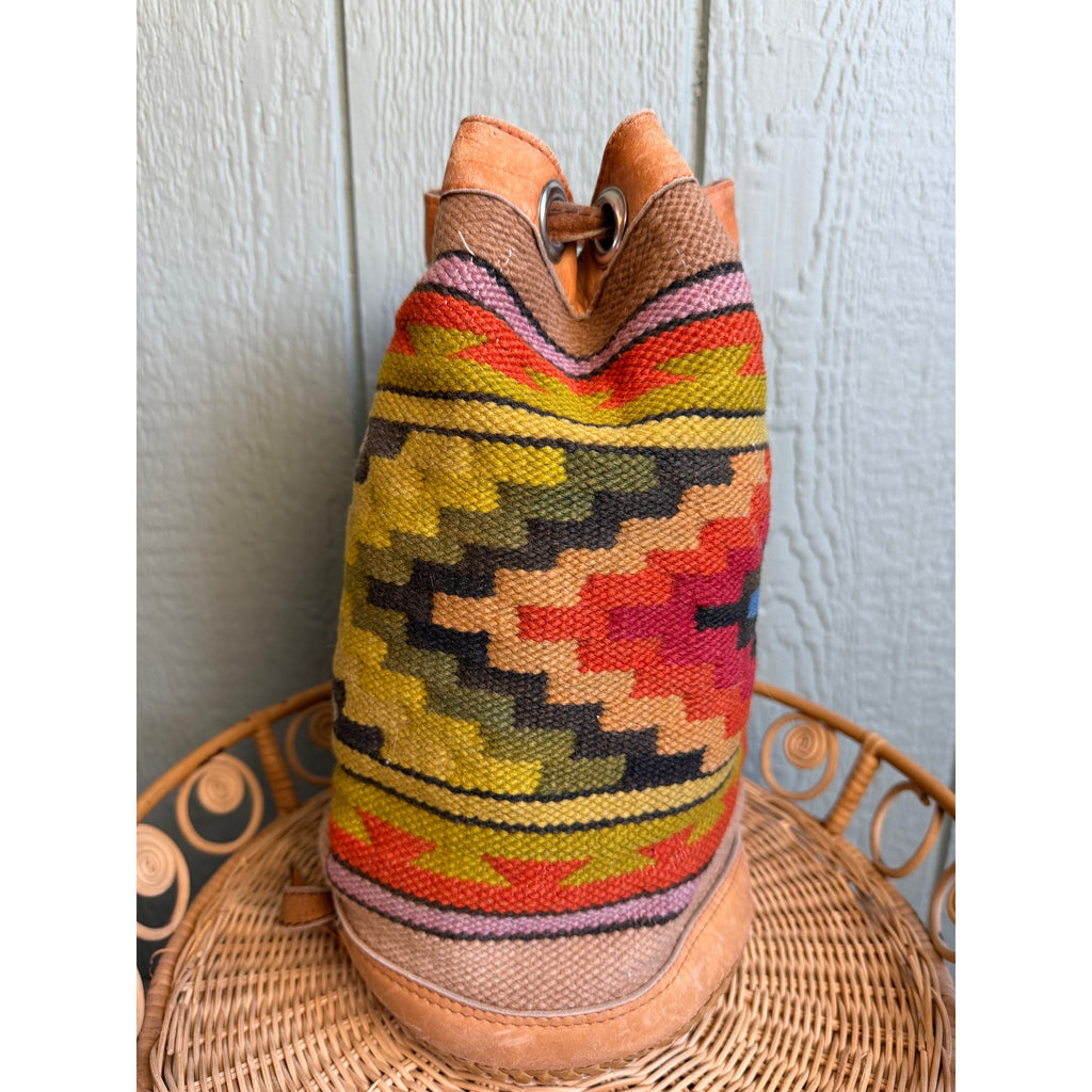 Trish Hunter Vintage Kilim Drawstring Bucket Bag | Leather & Woven Tapestry