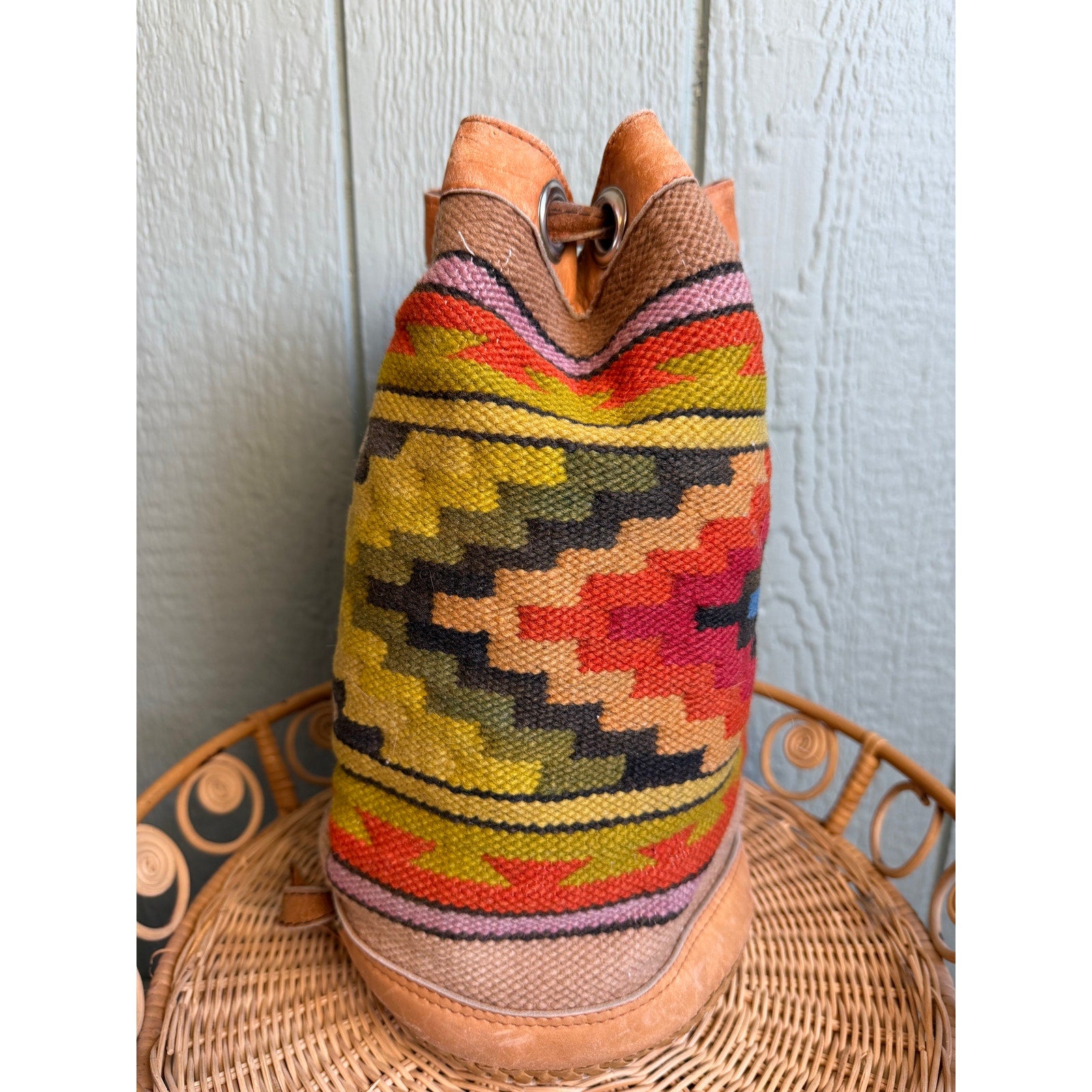 Trish Hunter Vintage Kilim Drawstring Bucket Bag | Leather & Woven Tapestry