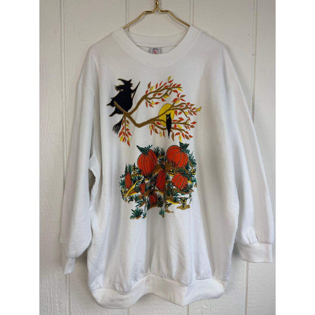 Vintage 90s Halloween Sweatshirt Witch Owl Pumpkin Graphic White USA 3X