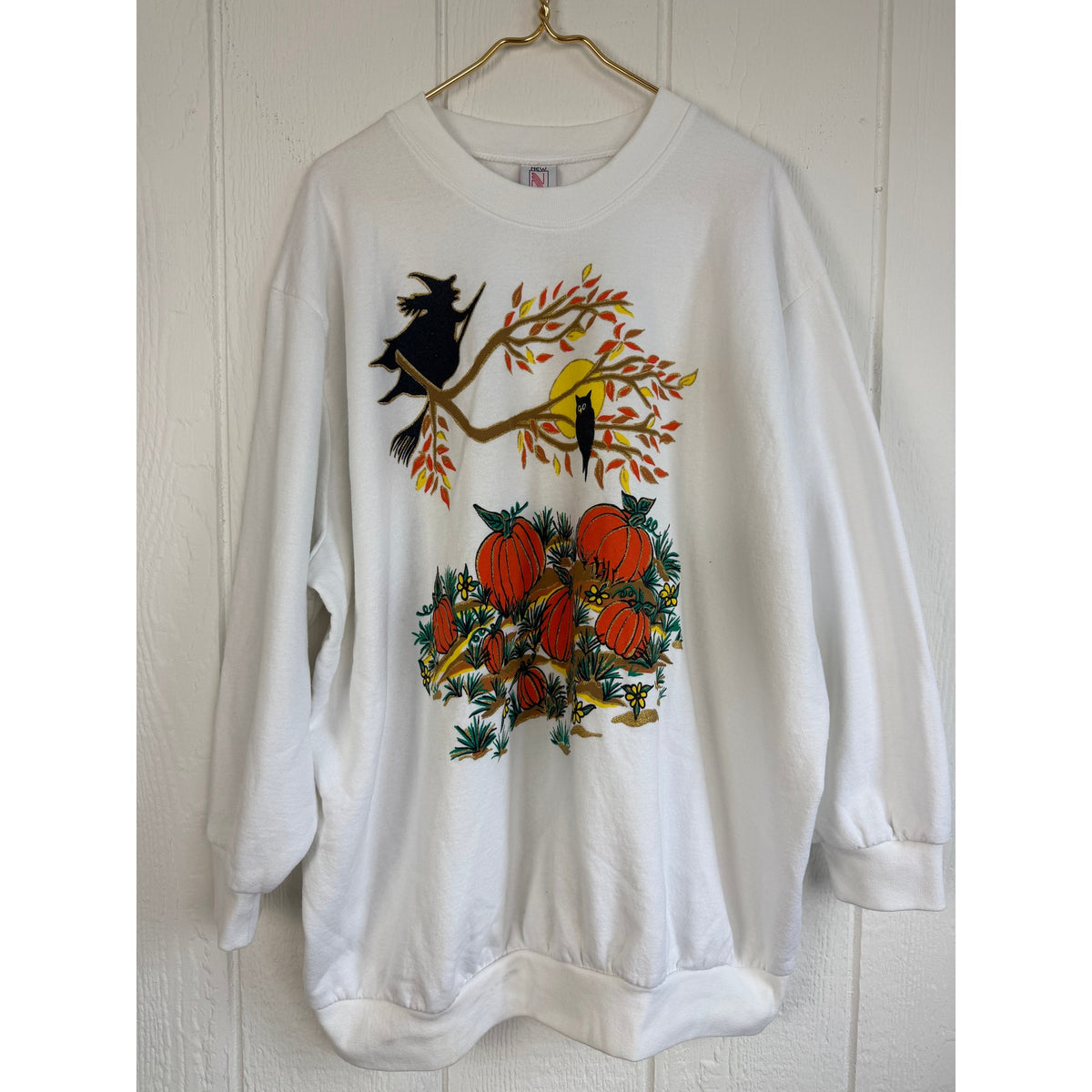 Vintage 90s Halloween Sweatshirt Witch Owl Pumpkin Graphic White USA 3X