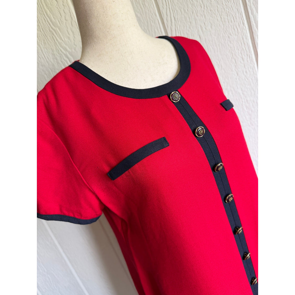 Vintage Jessica Howard Petite Red Dress Black Trim Gold Button Shift Dress