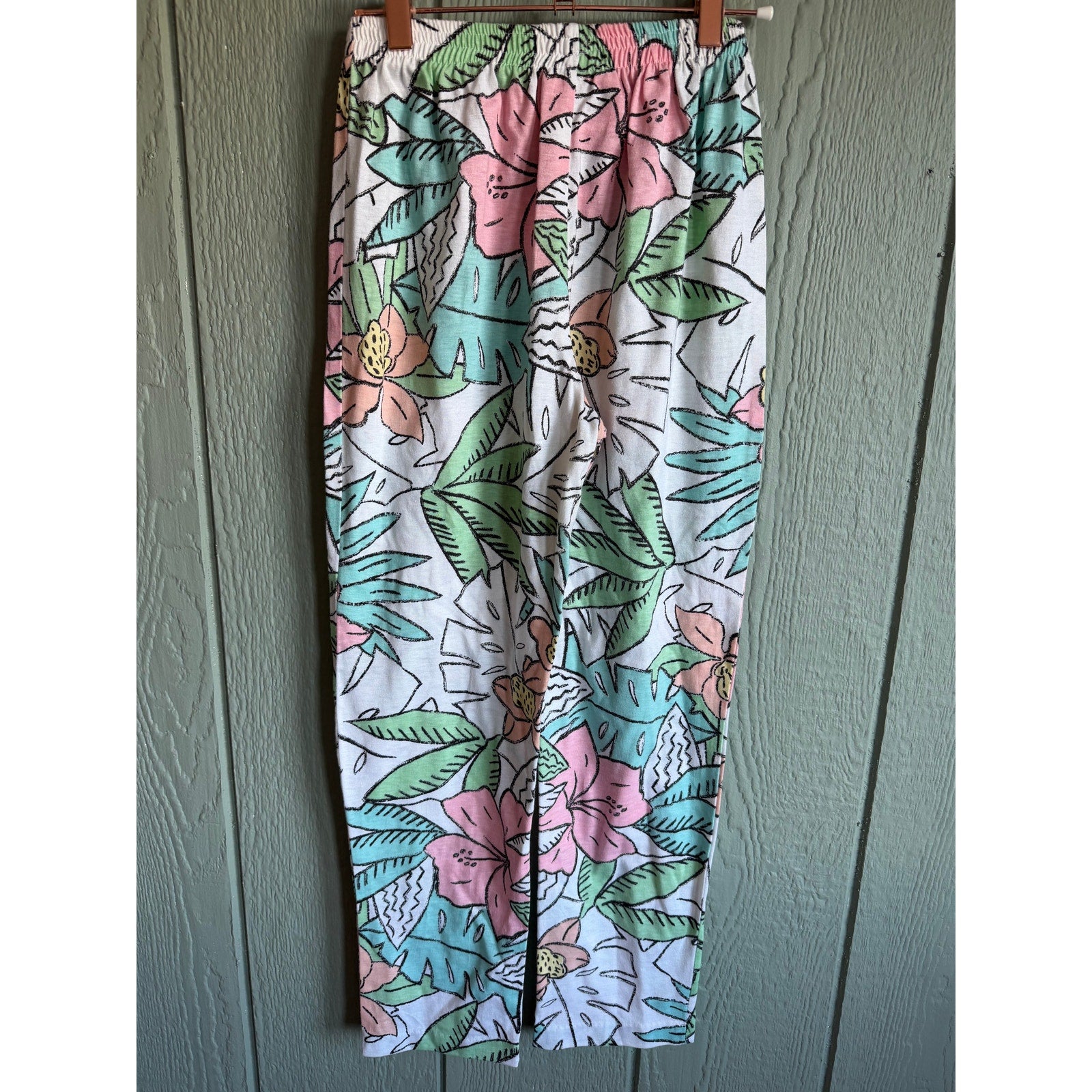 Vintage Tropical Floral Elastic Waist Pants Women’s Pastel Lounge Resort 80s 90s