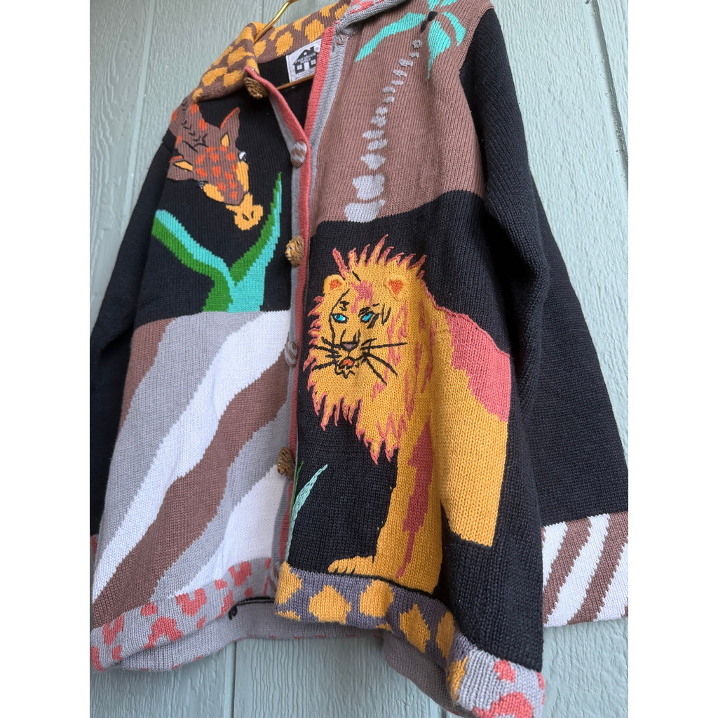 Vintage Stonybrook Knits Safari Cardigan Lion Giraffe Animal Knit Sweater Size M