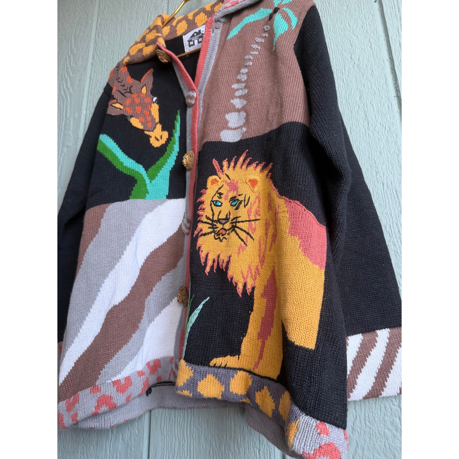 Vintage Stonybrook Knits Safari Cardigan Lion Giraffe Animal Knit Sweater Size M