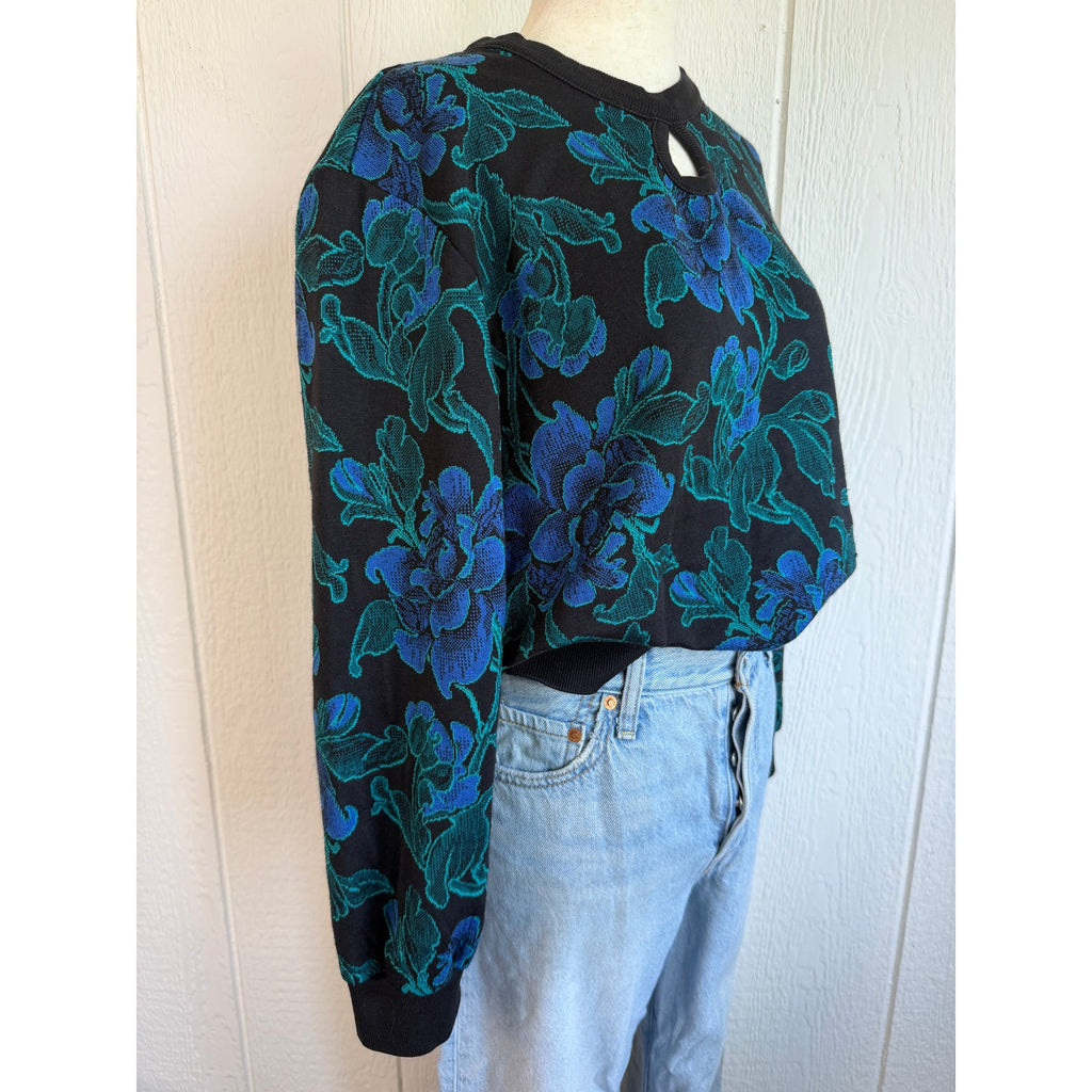Vintage 80s 90s Cricket Lane Floral Jacquard Sweater Keyhole Black Teal Blue