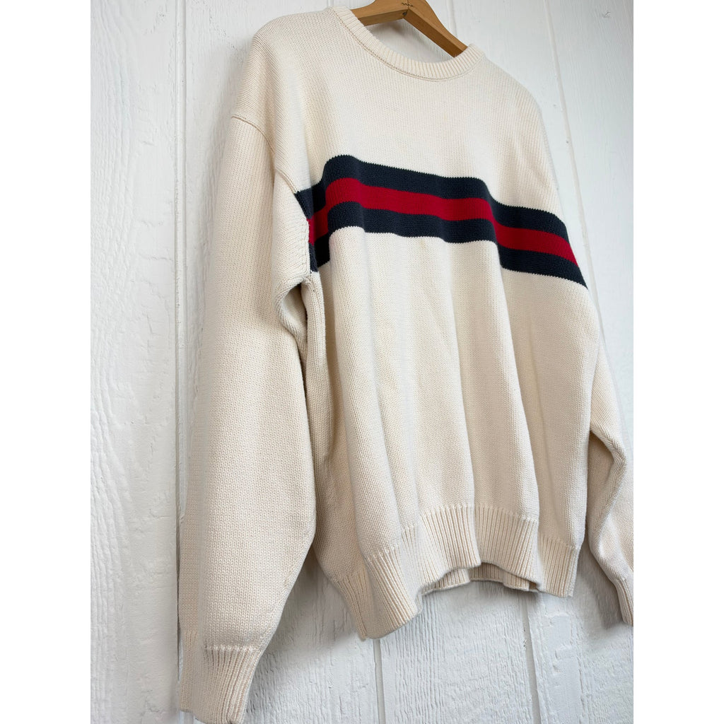 Vintage Croft & Barrow Cream Navy Red Stripe Cotton Knit Sweater Preppy 90s XL