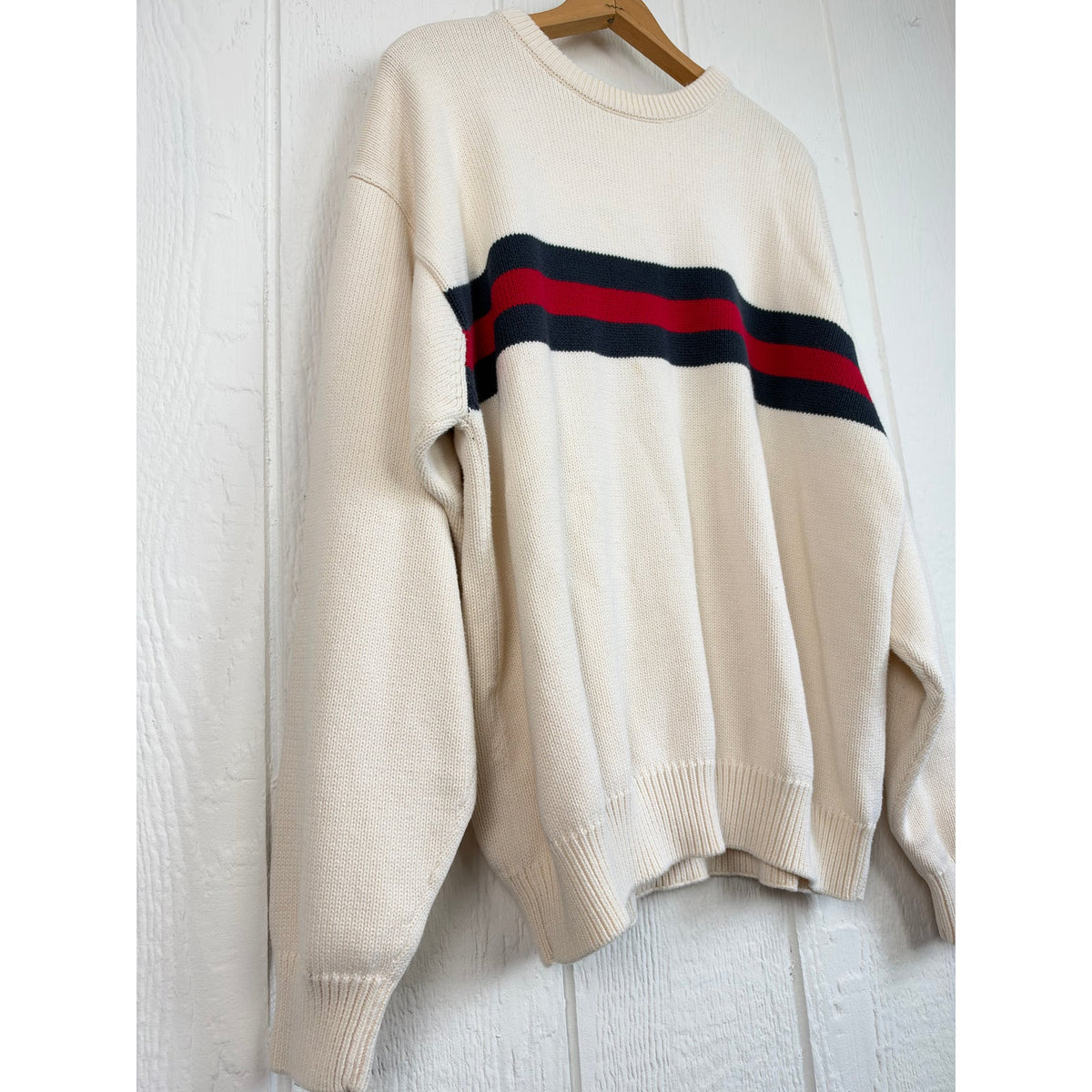 Vintage Croft & Barrow Cream Navy Red Stripe Cotton Knit Sweater Preppy 90s XL