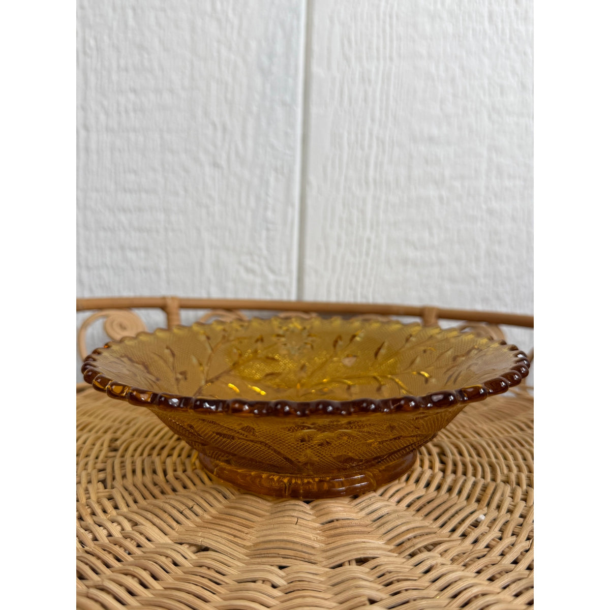 Vintage Amber Glass Footed Serving Bowl Scalloped Edge Floral Pressed Glass