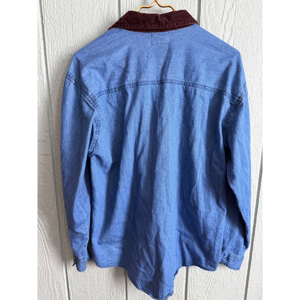 Vintage Embroidered Denim Shirt Women’s Large – Velvet Collar – 90s Cottagecore