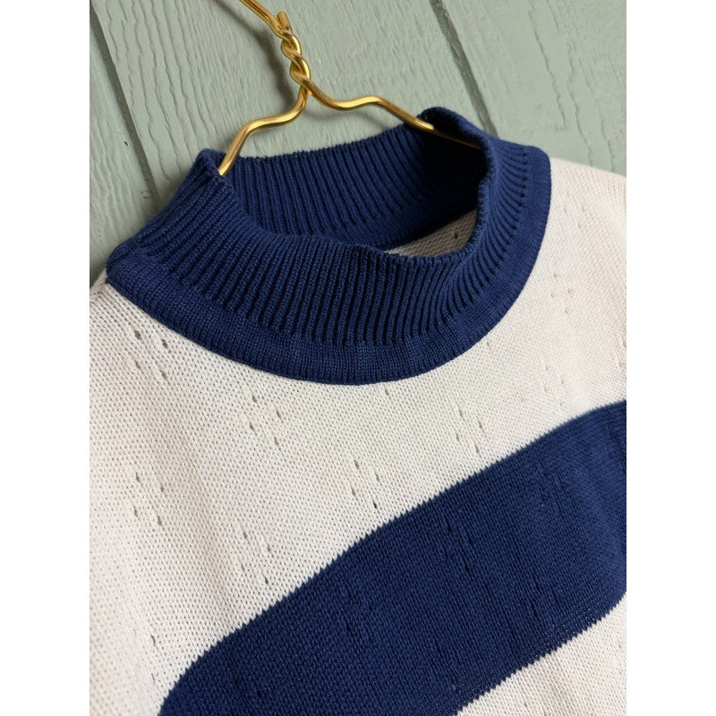Vintage 80s Navy White Stripe Knit Top Short Sleeve Mock Neck Made in USA