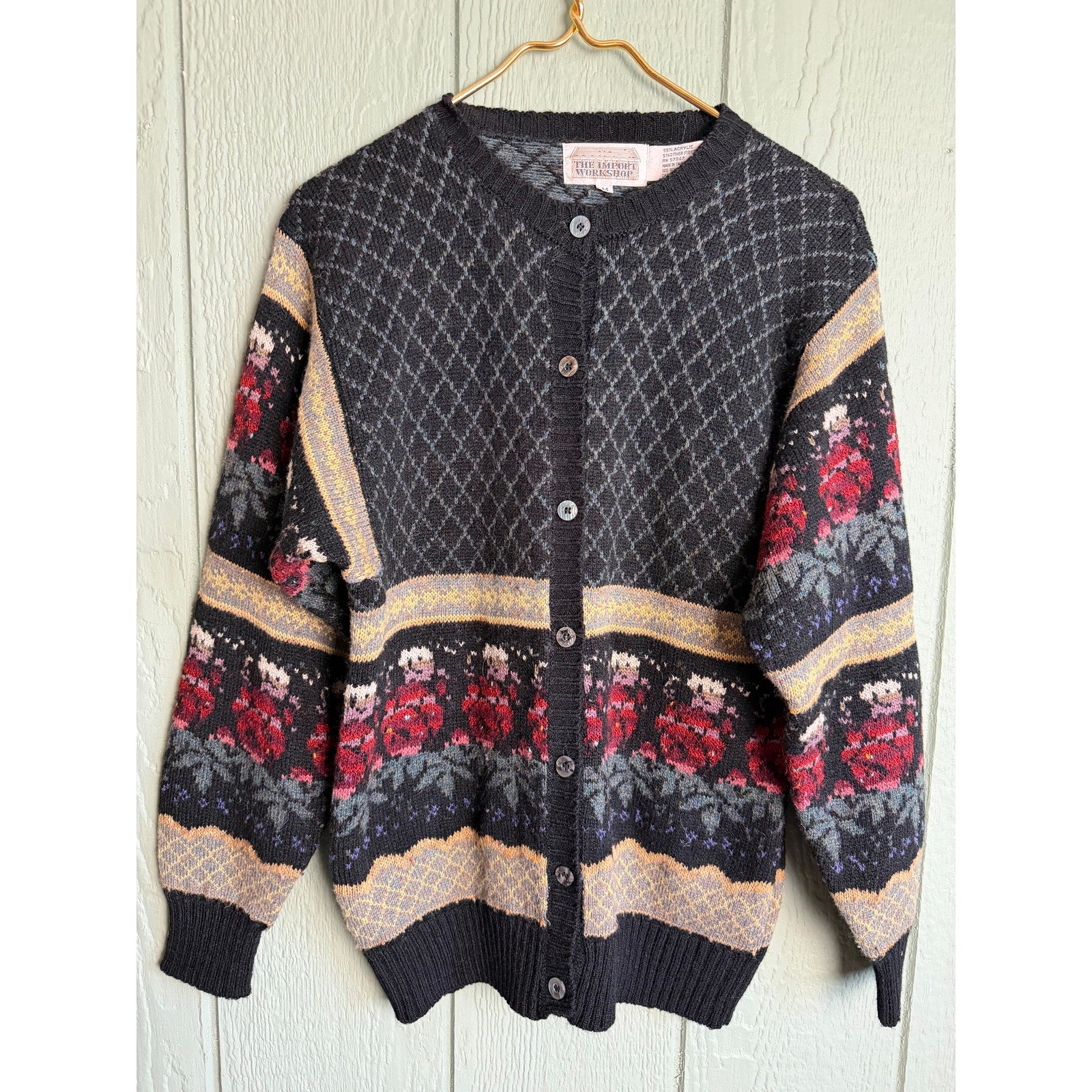 Vintage 90s Cottagecore Floral Argyle Button-Up Cardigan, Medium