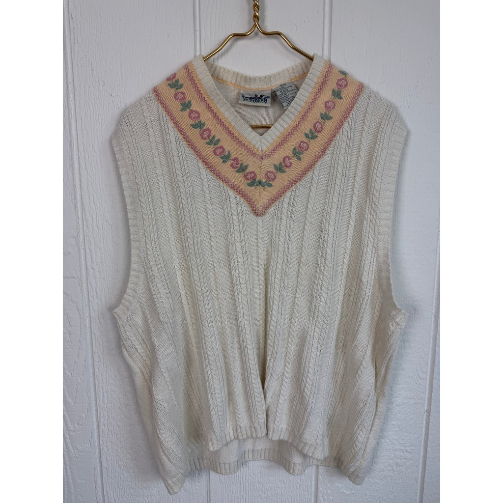 Vintage Northern Reflections Sweater Vest XL Ramie Cotton Floral Embroidered