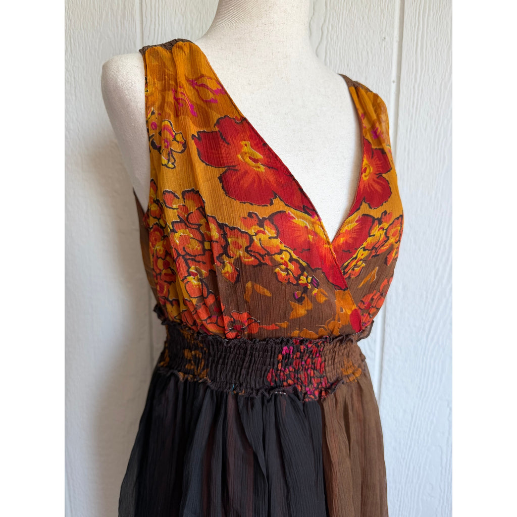 Vintage Floral Chiffon Maxi Dress Brown Orange Boho Empire Waist Medium