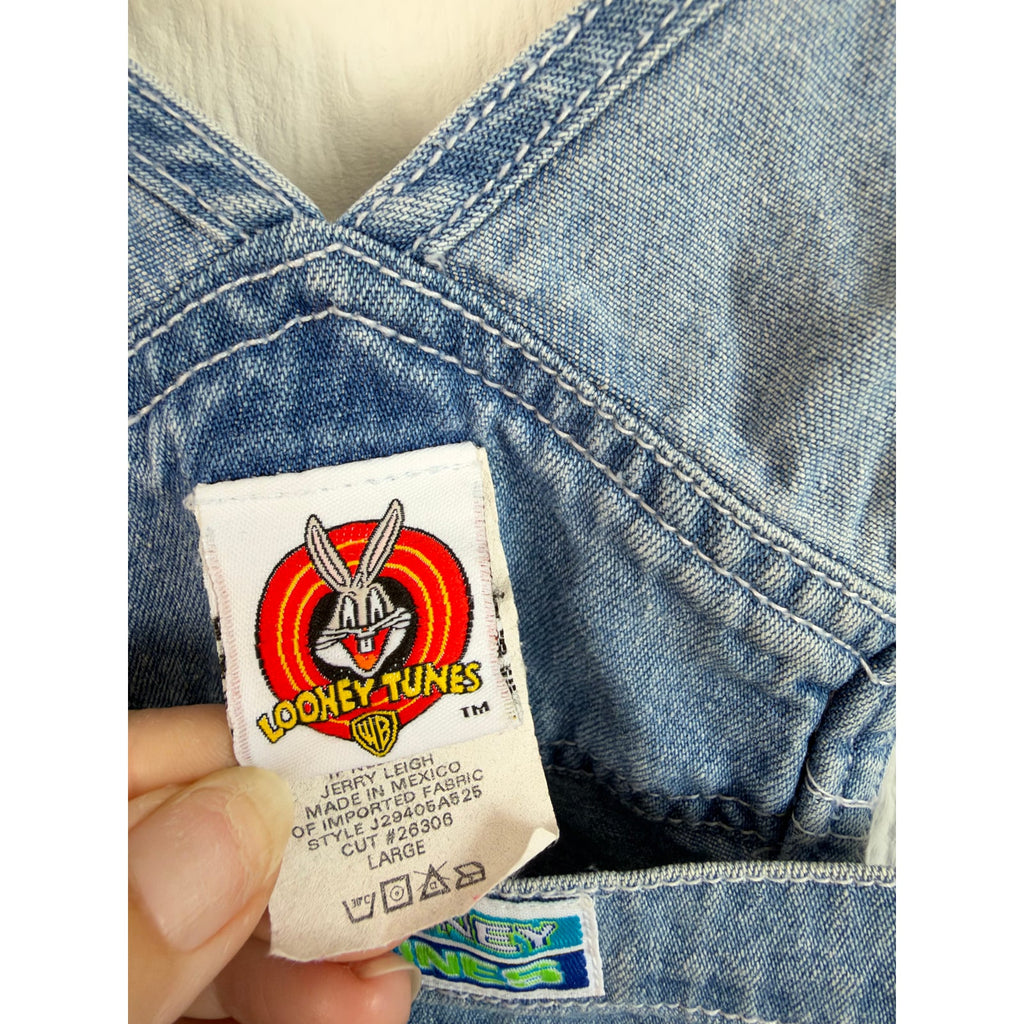 Vintage 90s Y2K Looney Tunes Tweety Bird Denim Shortalls Embroidered Large