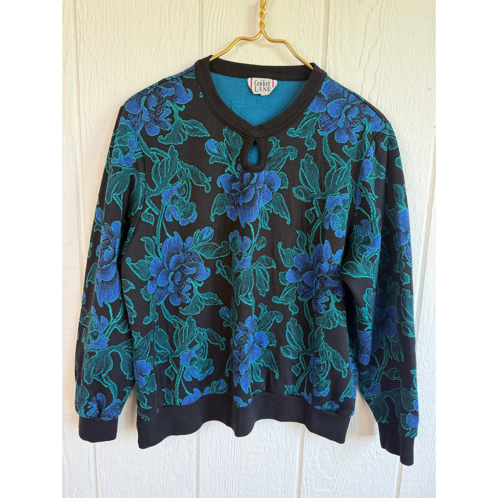 Vintage 80s 90s Cricket Lane Floral Jacquard Sweater Keyhole Black Teal Blue
