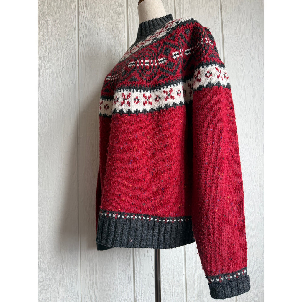 Vintage St Johns Bay Fair Isle Sweater Large Tall Red Nordic Mock Neck Wool