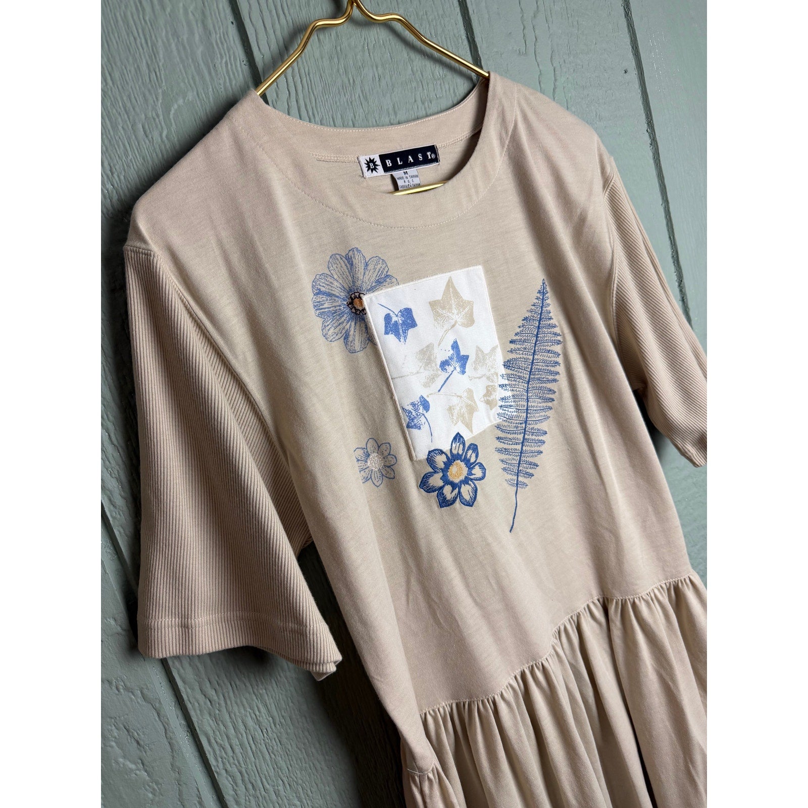 Vintage 90s Blast Floral Graphic Dress Beige Blue Botanical Print Medium