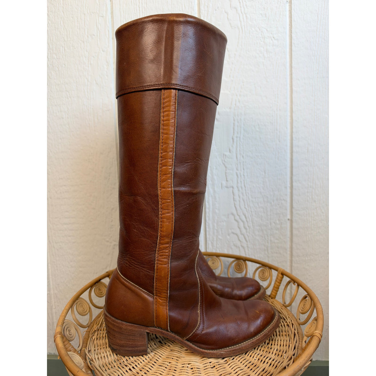 Vintage Frye Campus Style Tall Leather Boots Brown Cognac USA 8.5 Women's