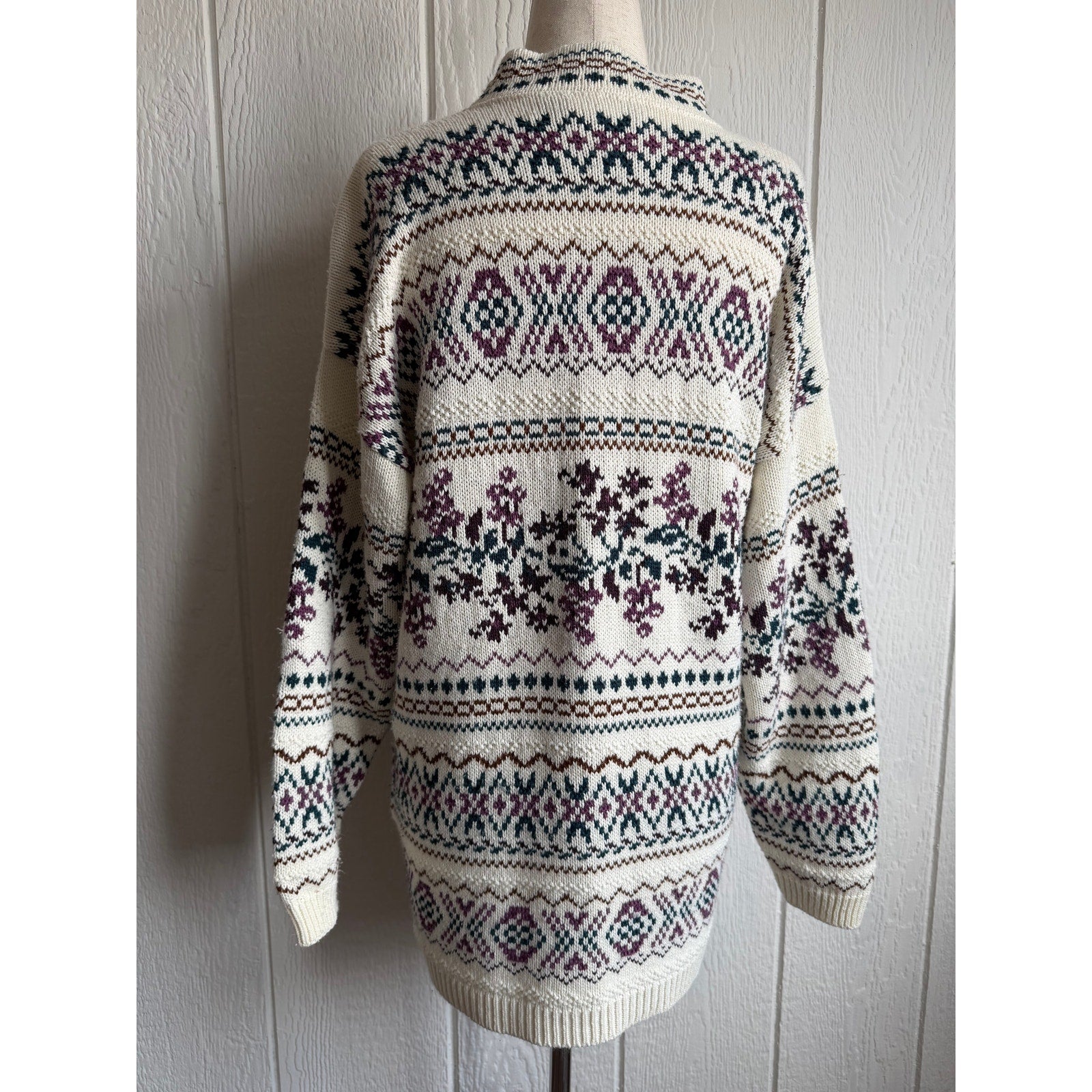 Vintage 90s Braun Style Nordic Fair Isle Sweater Oversized Cream Cottagecore SM