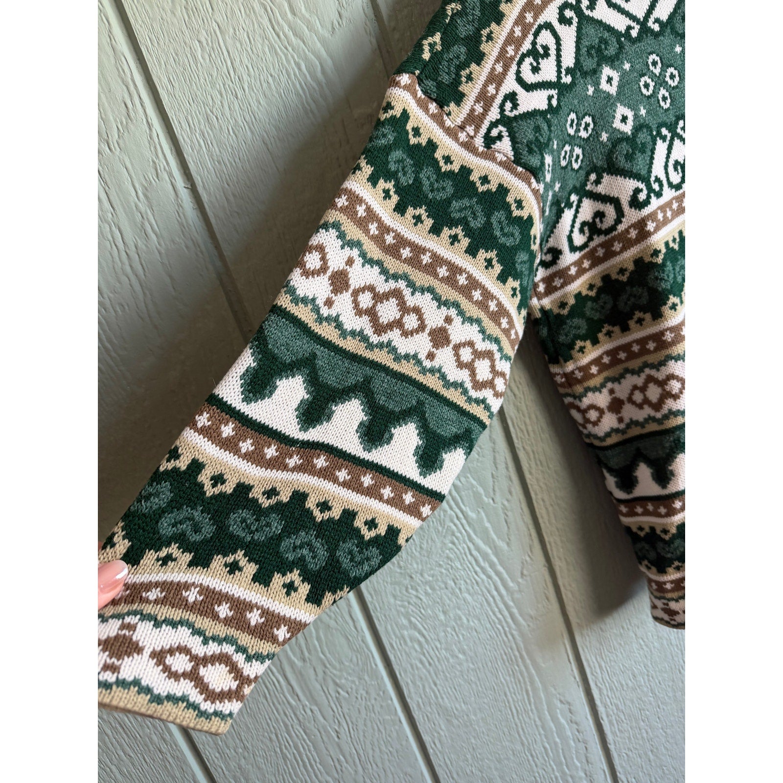 Vintage 90s Sweater Large | Green Brown Fair Isle Nordic Pattern USA Cottagecore