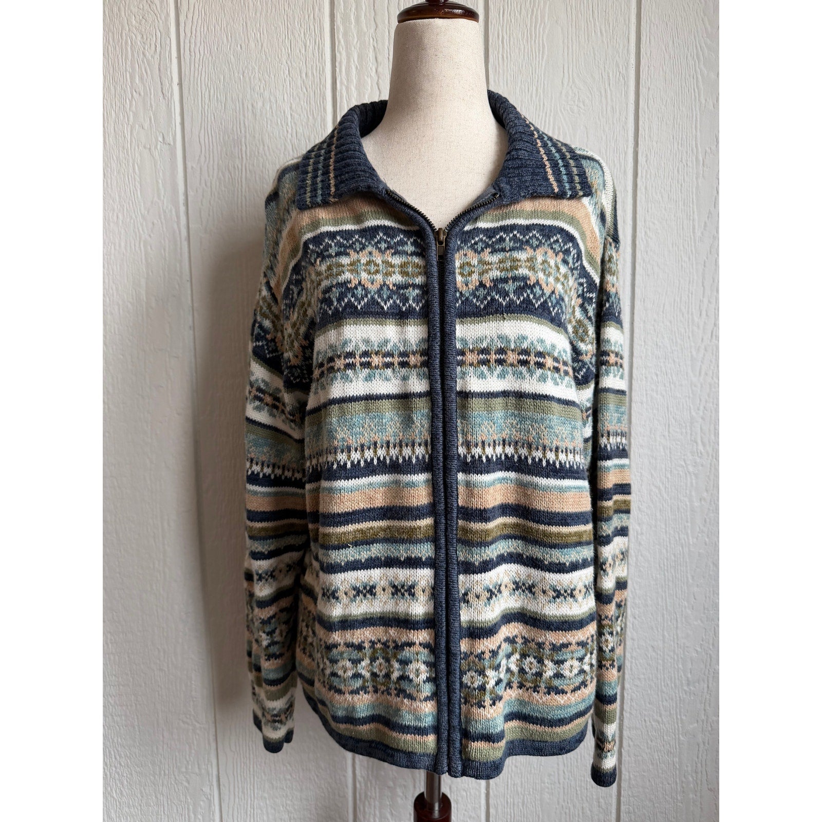 Vintage Heirloom Collectibles Full Zip Collared Stripe Cottagecore Sweater, LG