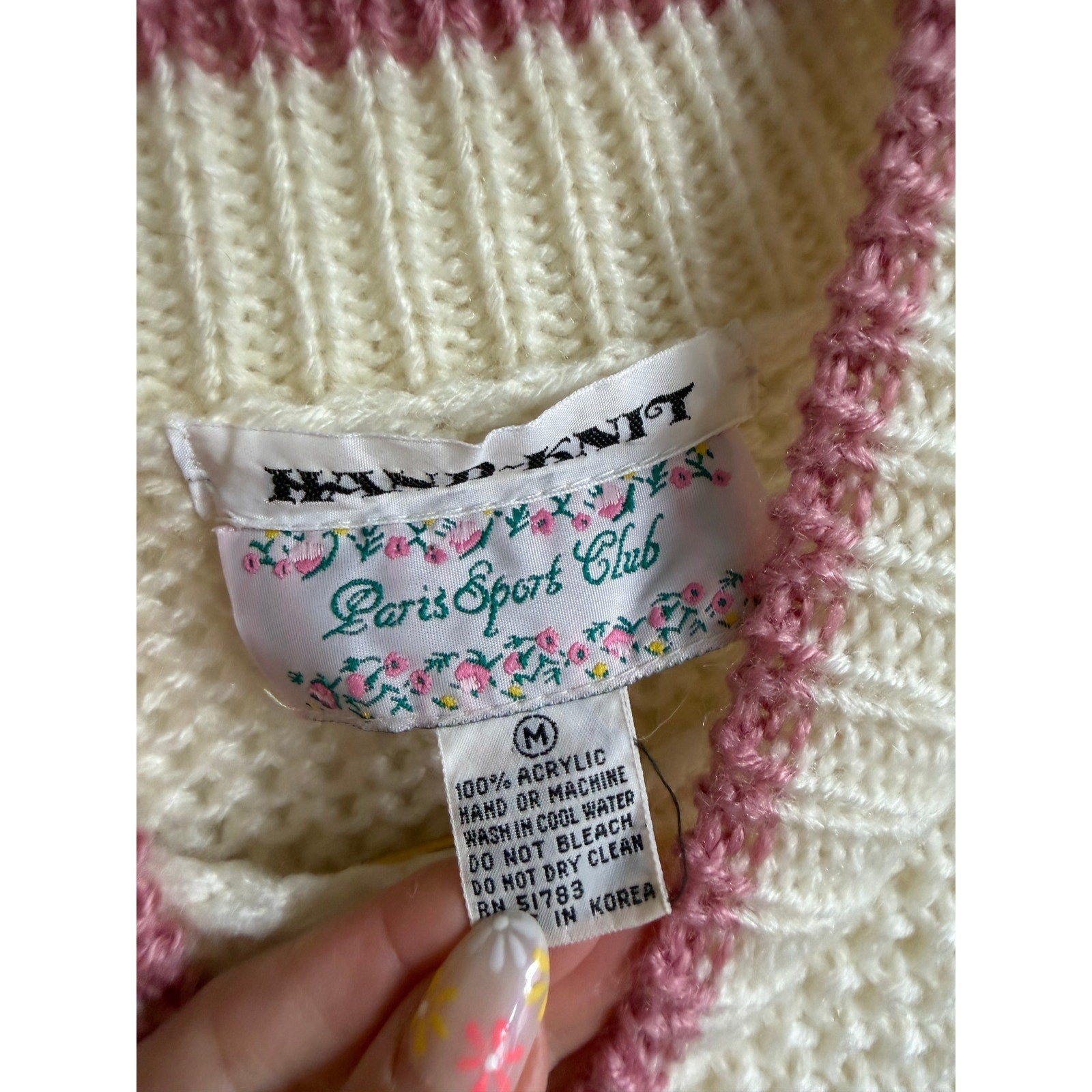 Vintage Hand Knit Paris Sport Club Rose Sweater Cottagecore Floral Knit | Size M