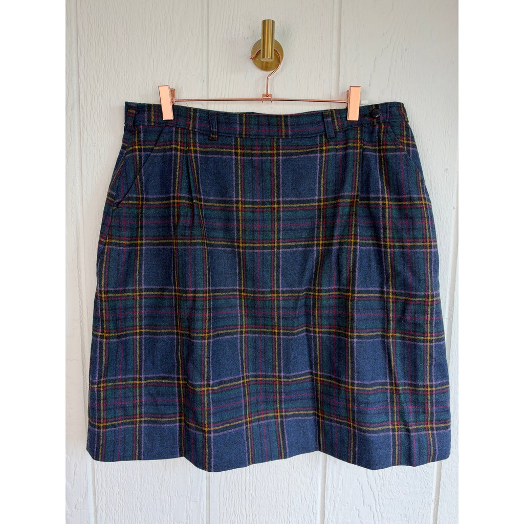 Vintage Woolrich Plaid Wool Skirt Size 18 Navy Green Tartan Pleated Preppy