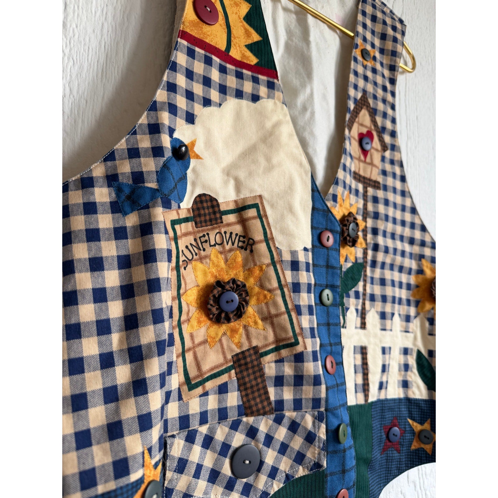 Vintage Sunflower Patchwork Vest Folk Art Garden Applique Cottagecore Vest