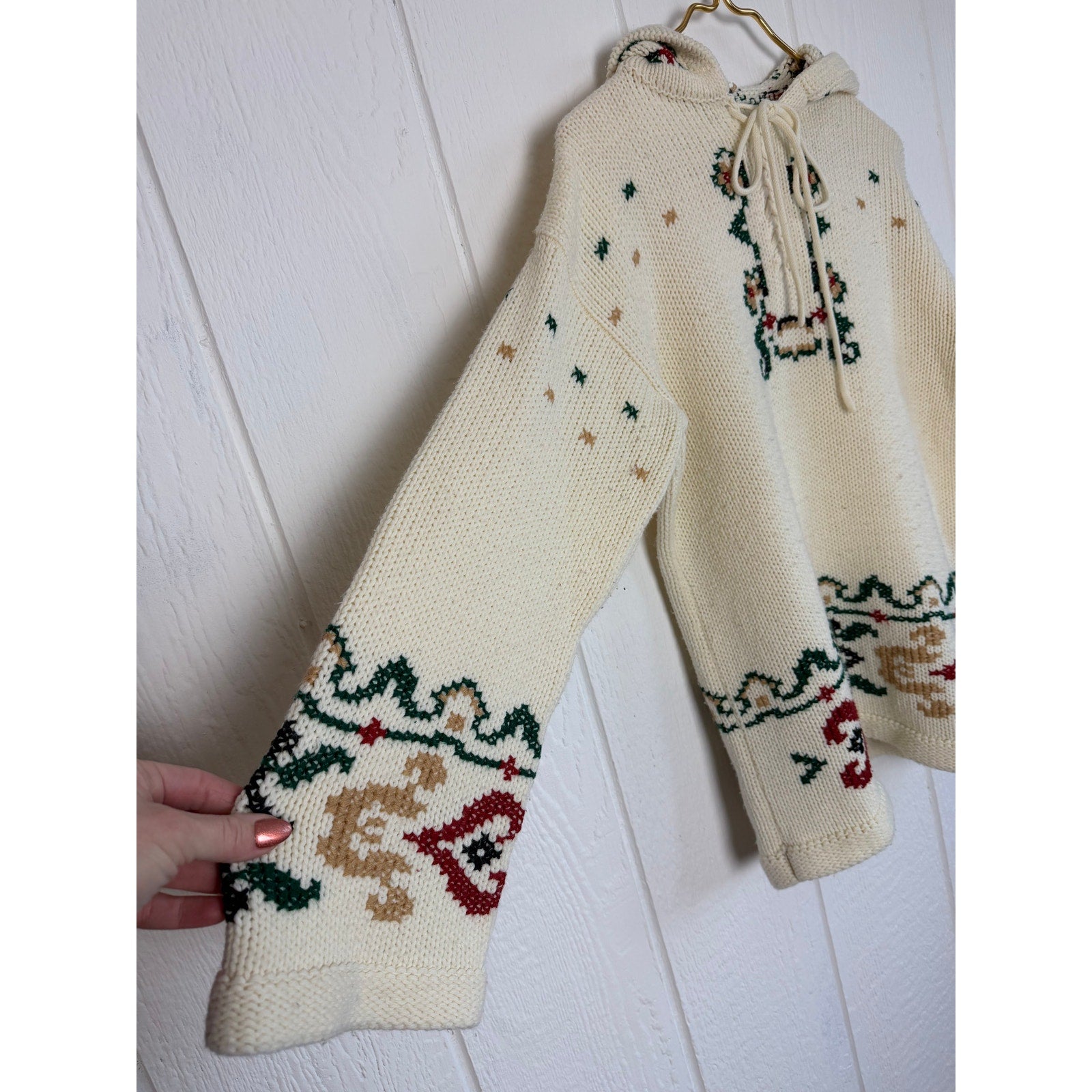 Vintage Hooded Knit Sweater Reindeer Bird Winter Folk Cottagecore Size S