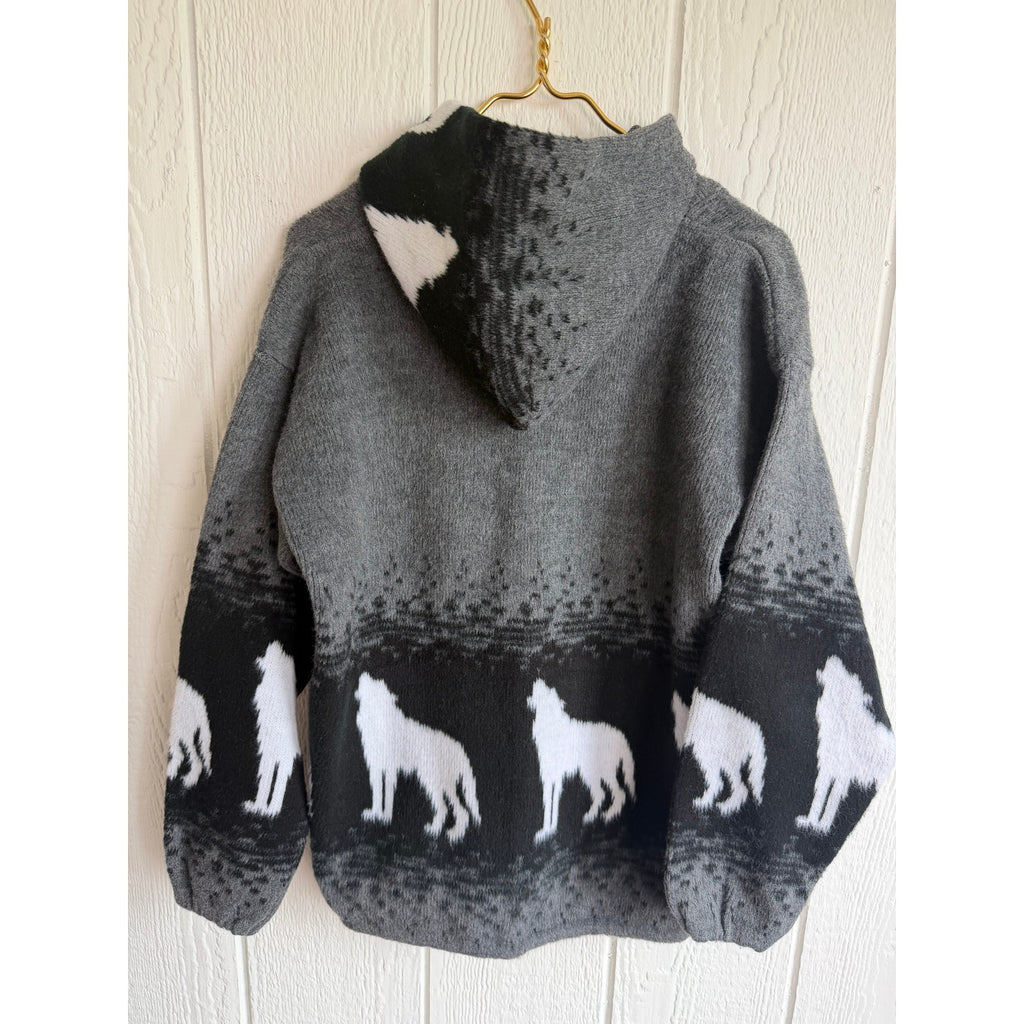 Earth Ragz Wool Wolf Sweater Medium Hooded Zip Jacket Ecuador Gray Black