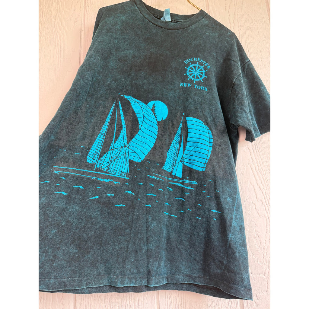 Vintage 90s Rochester New York Sailboat Graphic T Shirt Acid Wash Hanes XL