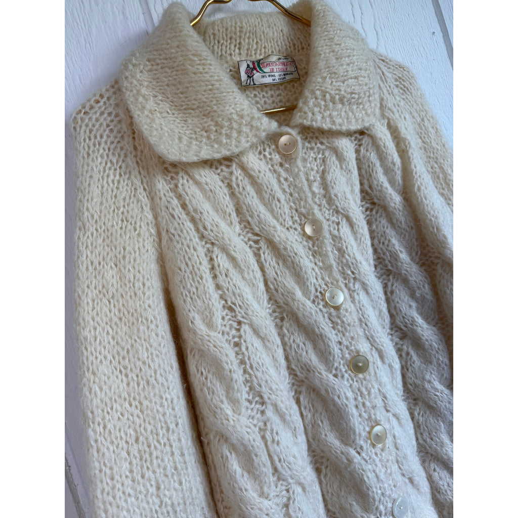 Vintage 70s Hand Made in Italy Wool Mohair Cable Knit Cardigan Sweater Ivory