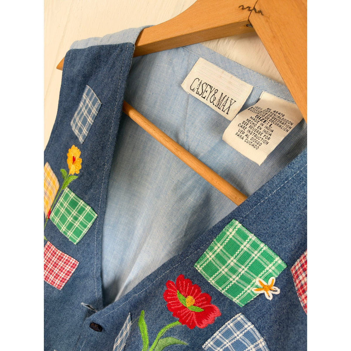 Vintage 90s Denim Vest Floral Embroidered Plaid Patchwork Cottagecore