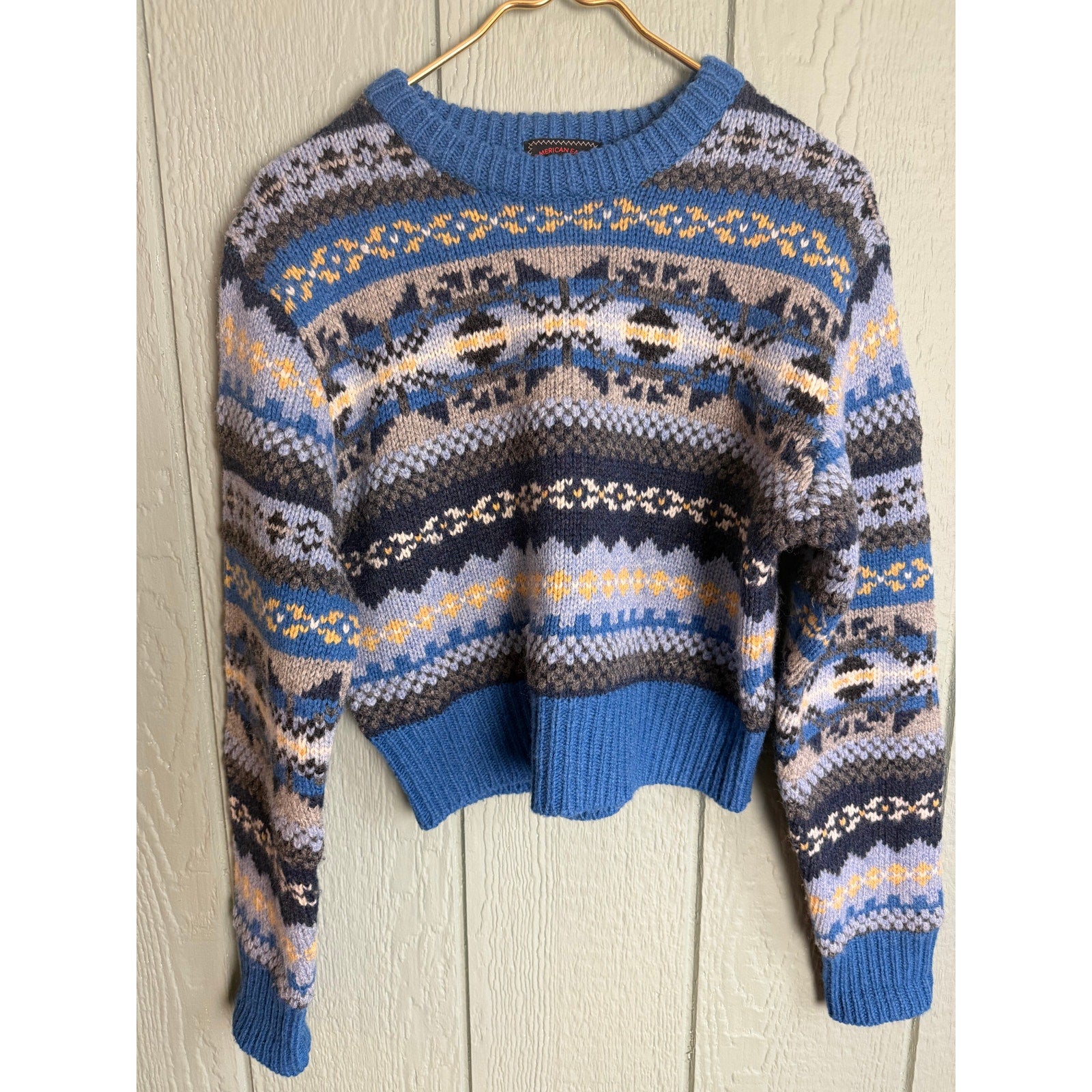 Vintage 100% Wool American Eagle Fair Isle Knit Sweater Cropped LG