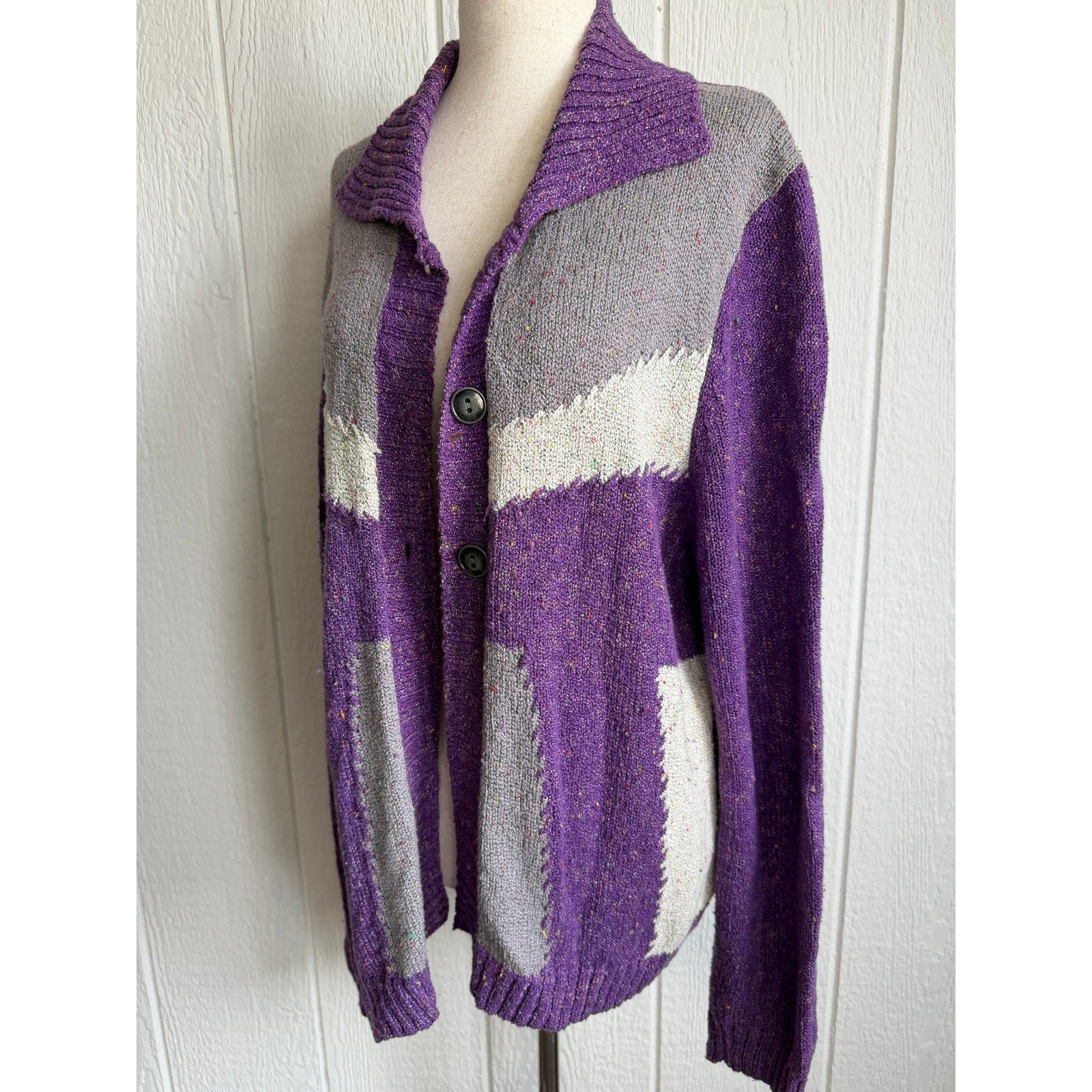 Vintage Blair Cardigan Sweater Purple Gray Confetti Knit 90s Cottagecore