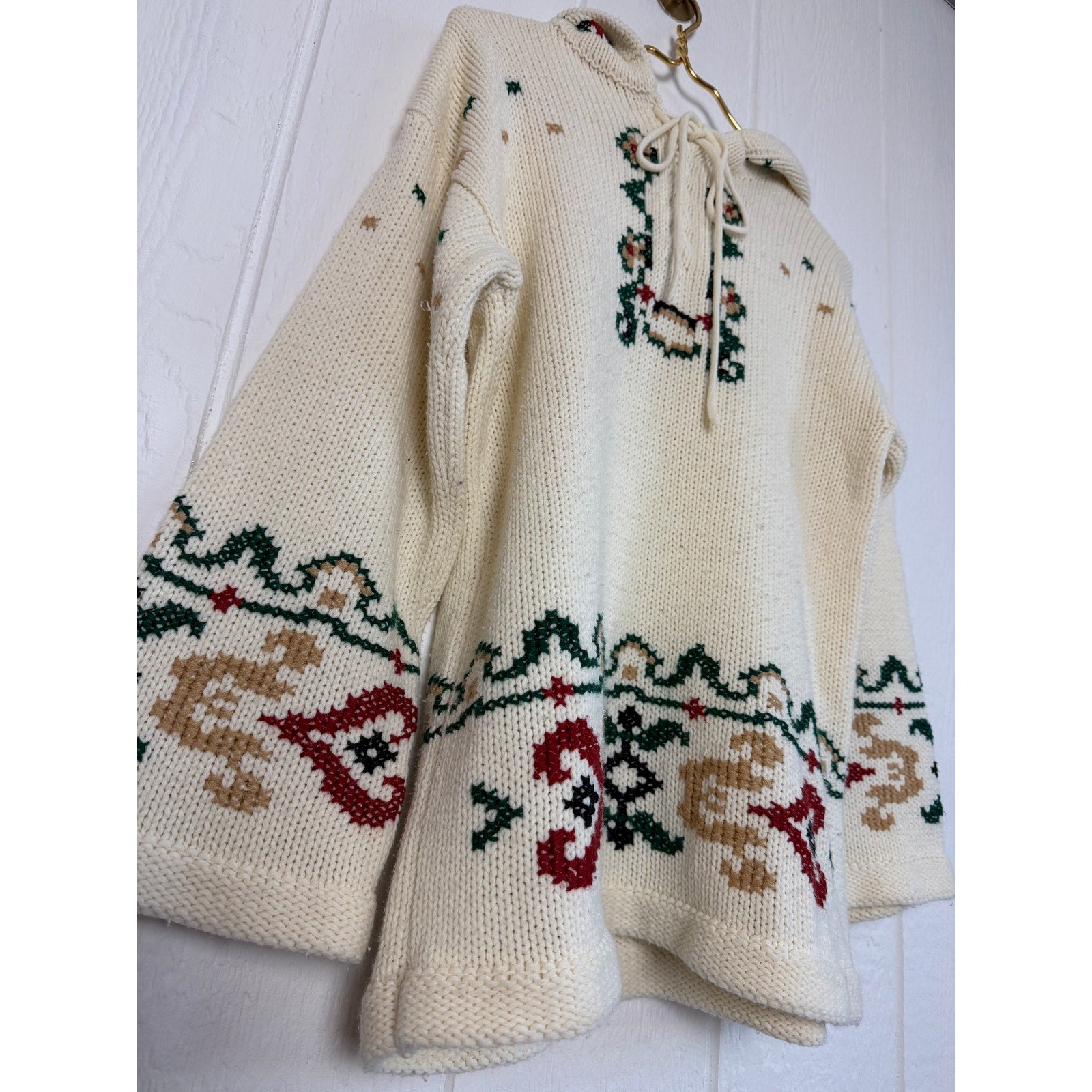 Vintage Hooded Knit Sweater Reindeer Bird Winter Folk Cottagecore Size S