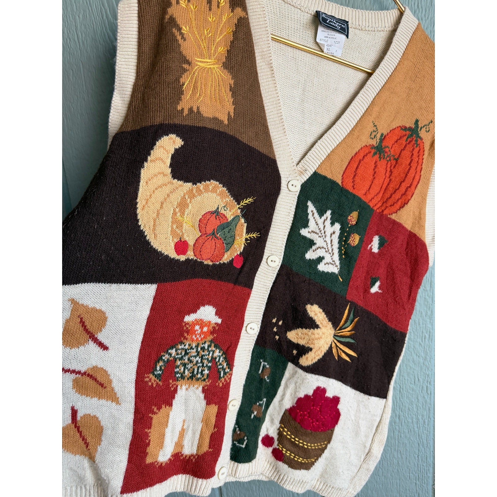 Vintage Fall Patchwork Knit Vest – 90s Harvest Theme USA XL
