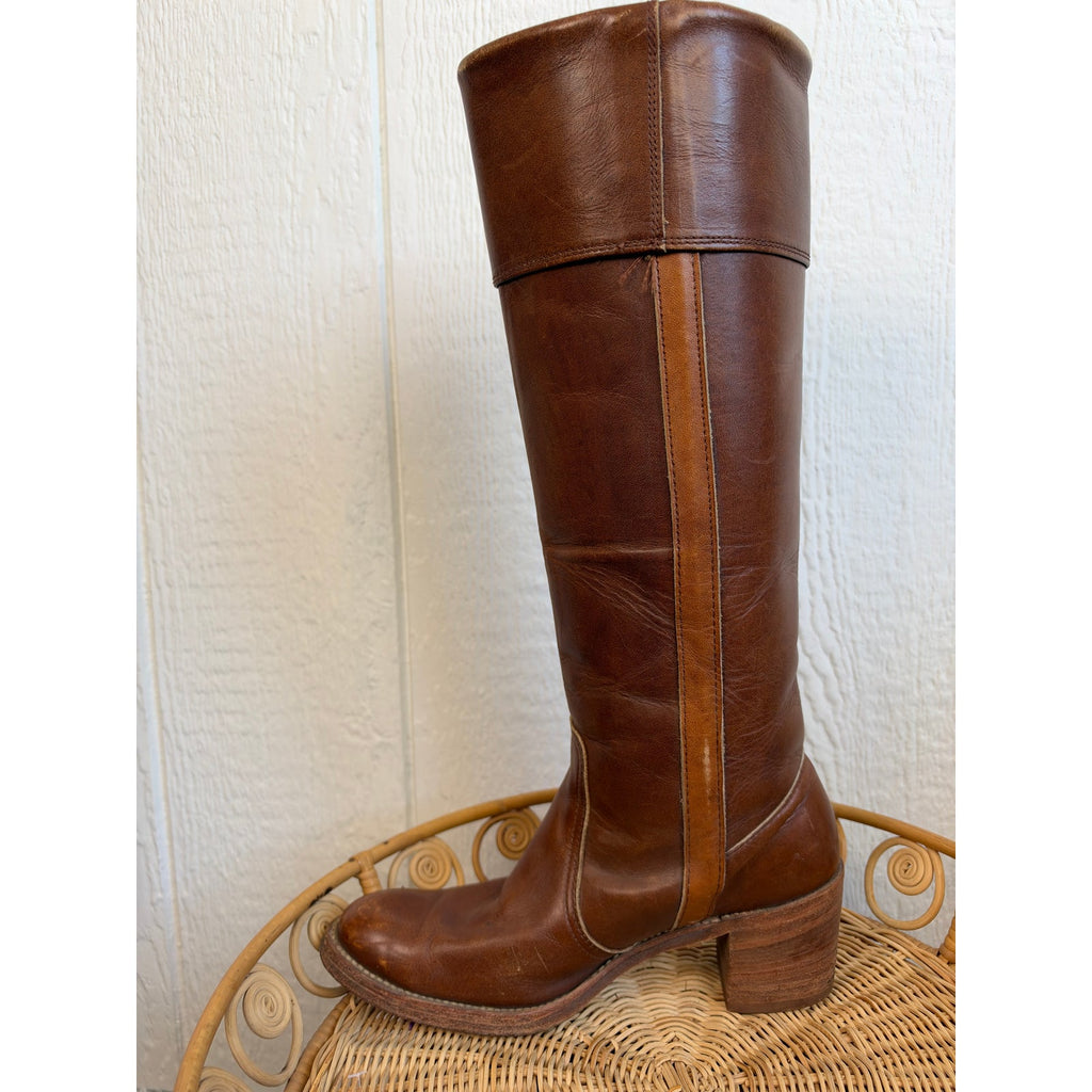 Vintage Frye Campus Style Tall Leather Boots Brown Cognac USA 8.5 Women's