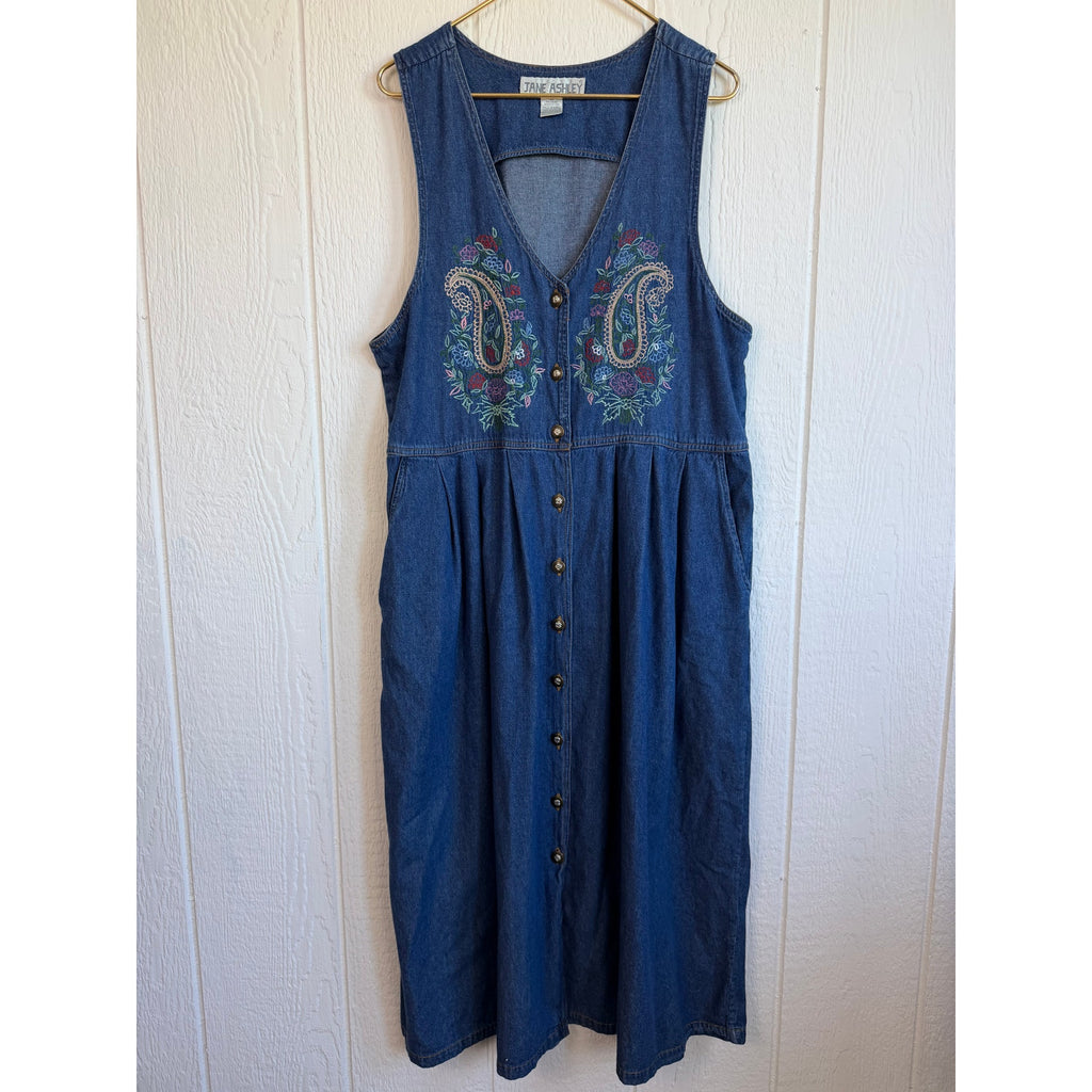 Vintage 90s Jane Ashley Denim LG Maxi Dress Embroidered Paisley Floral Button