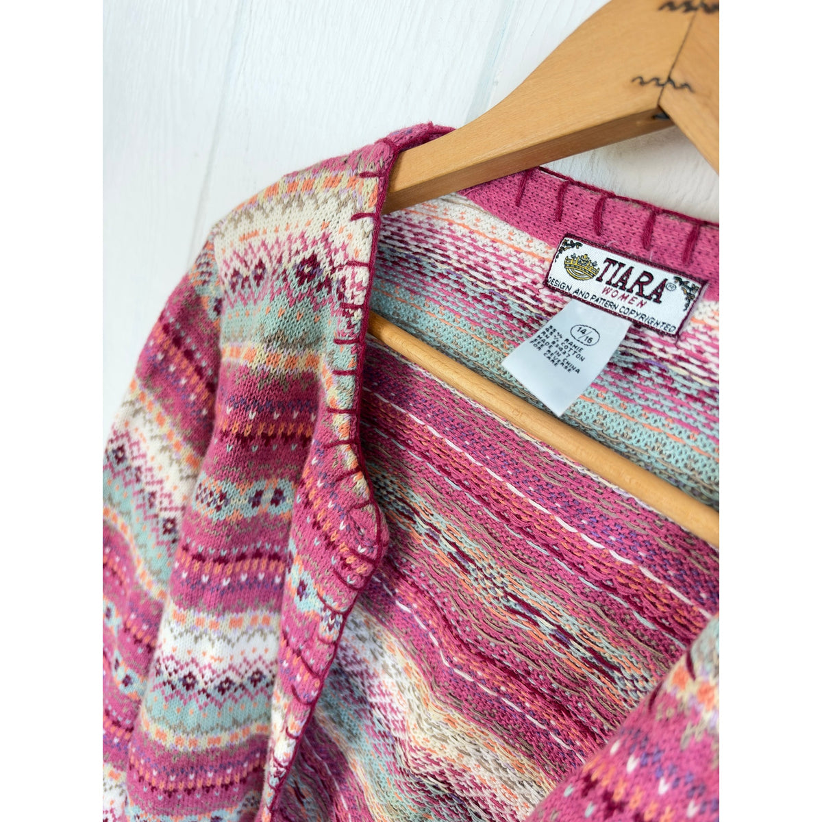 Vintage Tiara Fair Isle Cardigan Sweater Pink Pastel Nordic Cottagecore 14/16